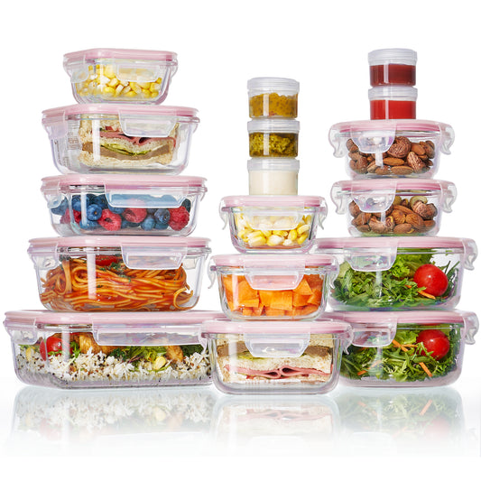 Sindcom 34pcs Glass Food Storage Containers with Lids Set, Meal Prep Containers Glass(17 Containers & 17 Lids), Pink