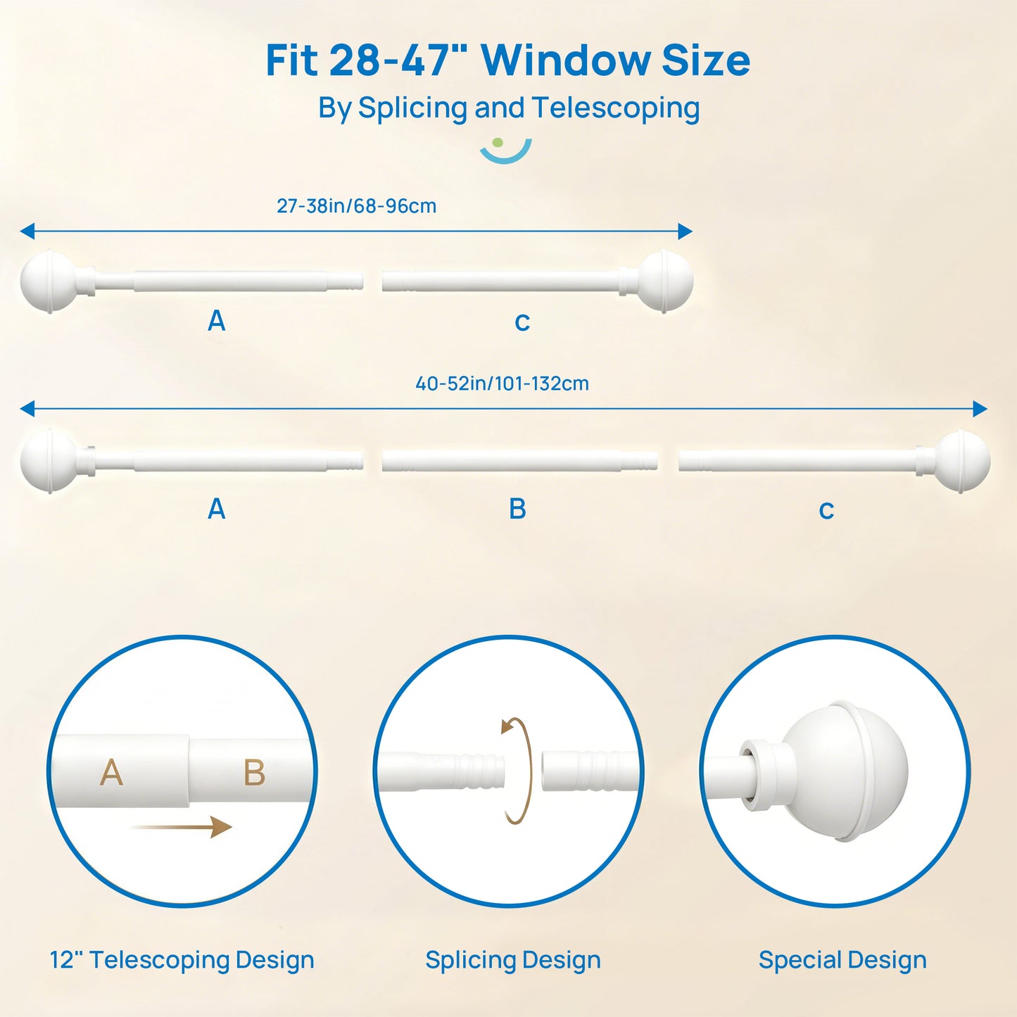 Sindcom No Drill Curtain Rods for Window 27 to 48 Inches, 5/8 Inch Diameter Renter Friendly Drapery Rod with Adhesive Brackets without Drilling, Adjustable from 27 to 52 Inches, White