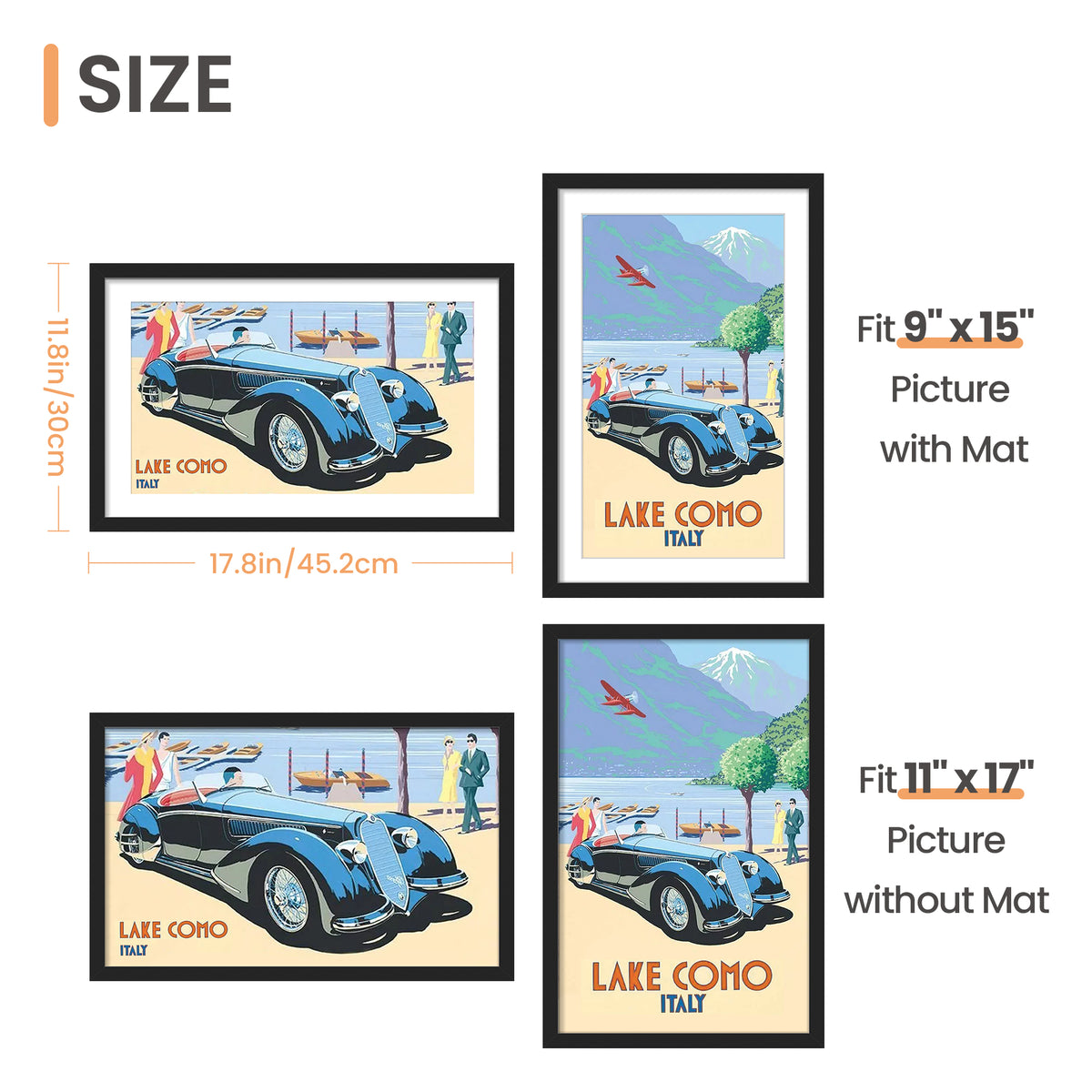 Sindcom 11x17 Picture Frame , Black , Gallery Wall Frame , Display Pictures 9x15 with Mat or 11x17 Without Mat, Photo Frames