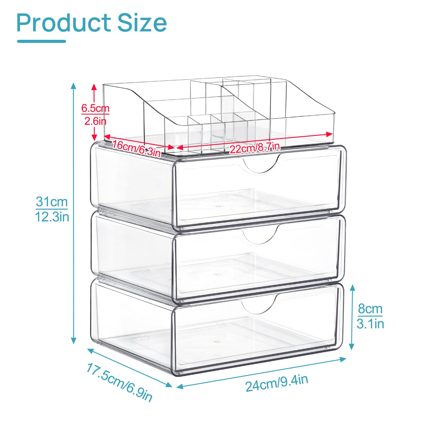 Sindcom 4 Tier Clear Makeup Organizer with Drawer, Plastic Cosmetic Storage, Beauty Holder
