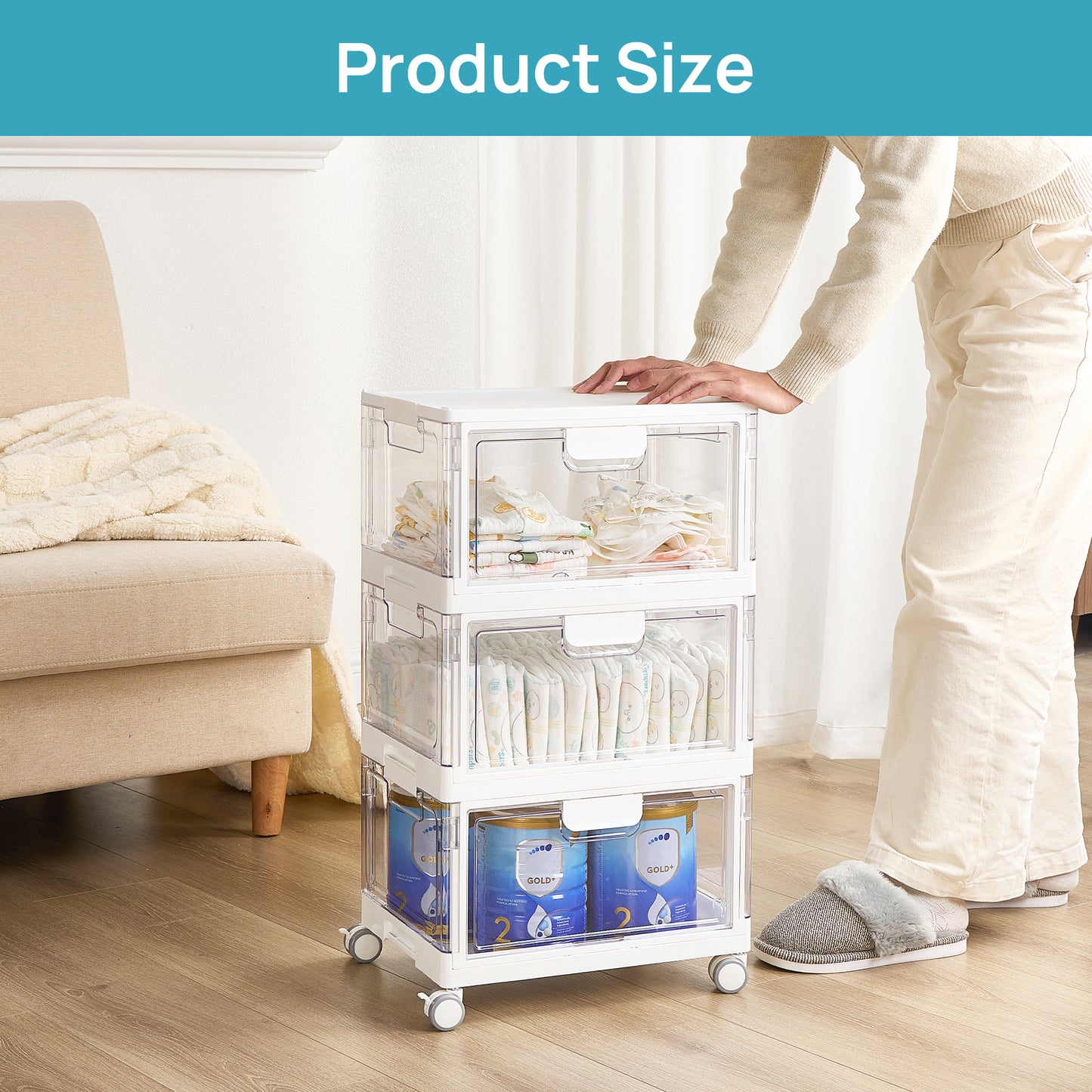 Kids Toy Storage Organizer with Clear Bins & Wheels, 72Qt Foldable Stackable Storage Containers with Lids for Baby Diapers, Wipes, Toys, Nursery & Playroom Organization, White