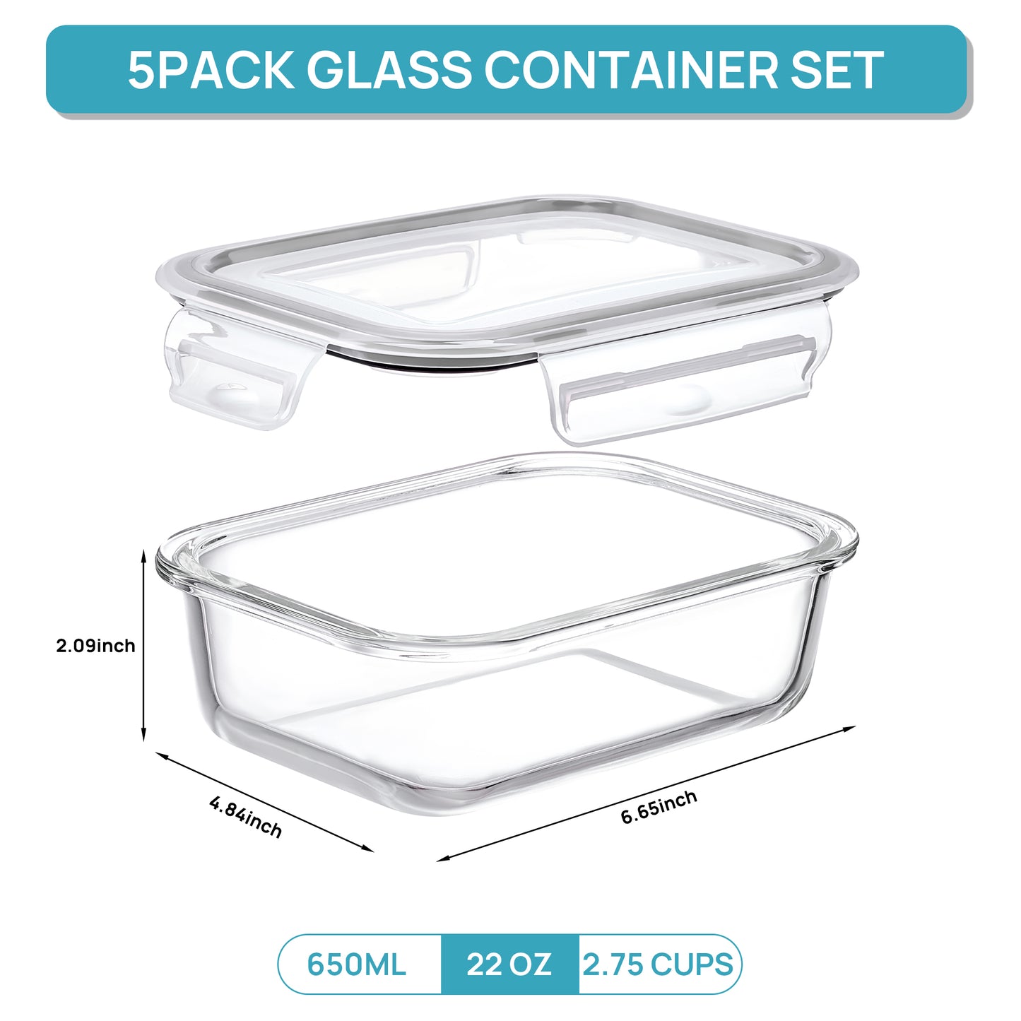 Sindcom 10Pack 22oz Glass Storage Containers with Lids, Glass Meal Prep Food Container Sets with Snap Airtight Lids for Microwave, Oven, Freezer and Dishwasher
