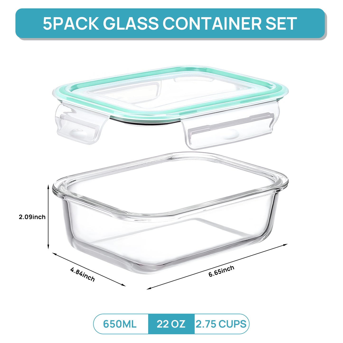 Sindcom 5Pack 22oz Glass Storage Containers with Lids, Glass Meal Prep Food Container Sets with Snap Airtight Lids for Microwave, Oven, Freezer and Dishwasher Green