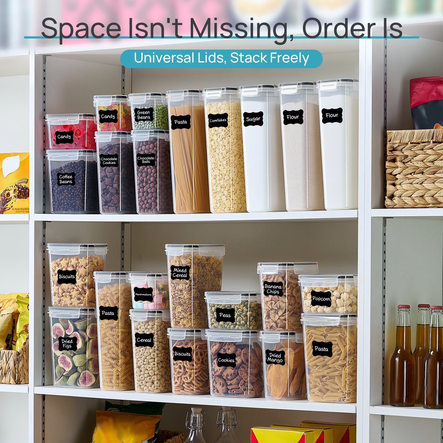 Sindcom Airtight Food Storage Containers with Lids, 24 pcs Plastic Kitchen and Pantry Organization Canisters for Cereal, Dry Food, Flour and Sugar, BPA Free, Includes 24 Labels，Black