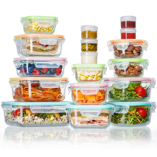 Sindcom 34pcs Glass Storage Containers with Lids Set, Glass Meal Prep Containers (17 Containers & 17 Lids), Colorful