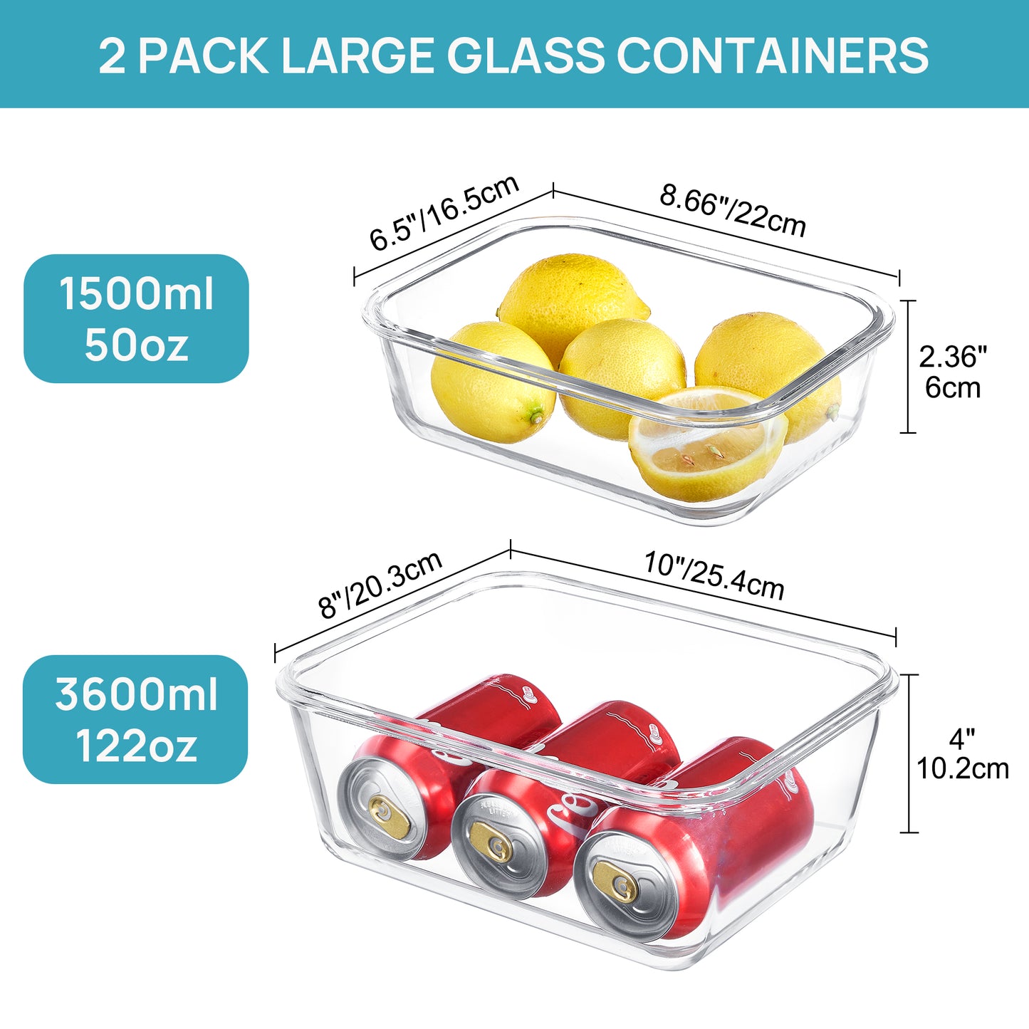 Sindcom 122oz+50oz Large Glass Food Storage Containers with Airtight Lids, Big Glass Containers for Roasting Chicken, Baking Casseroles, Food Storage, Meal Prep, Fruits, Thanksgiving Meals, BPA-Free