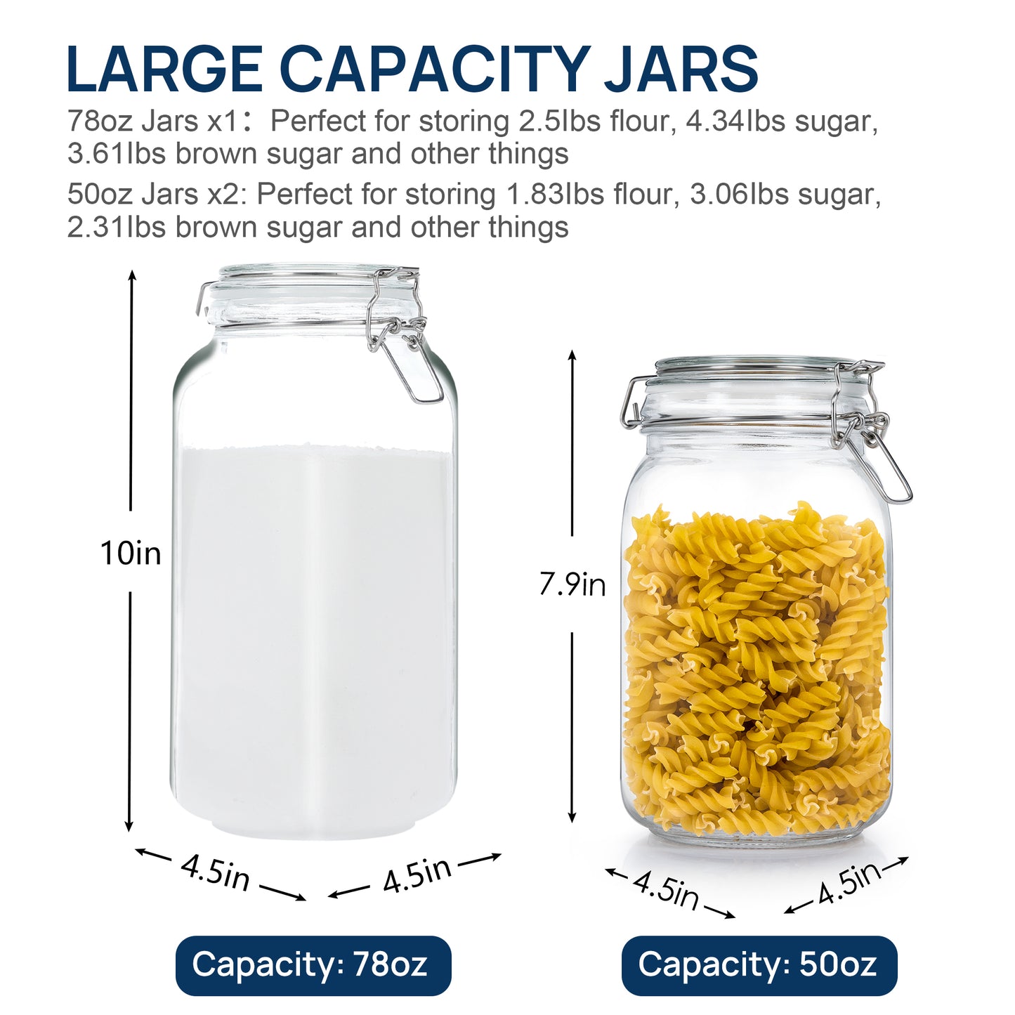 Sindcom 3 PCS Airtight Glass Jars with Lids, 3 PCS Food Storage Canister, Square Mason Jar Containers, 78oz*1+50oz*2