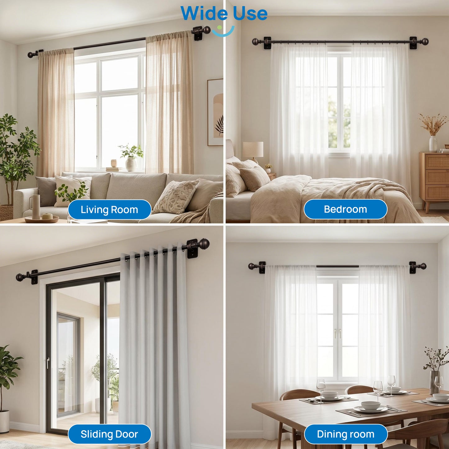Sindcom No Drill Curtain Rods for Window 66 to 120 Inches, 5/8 Inch Diameter Renter Friendly Drapery Rod with Adhesive Brackets without Drilling, Adjustable from 27 to 130 Inches, Bronze