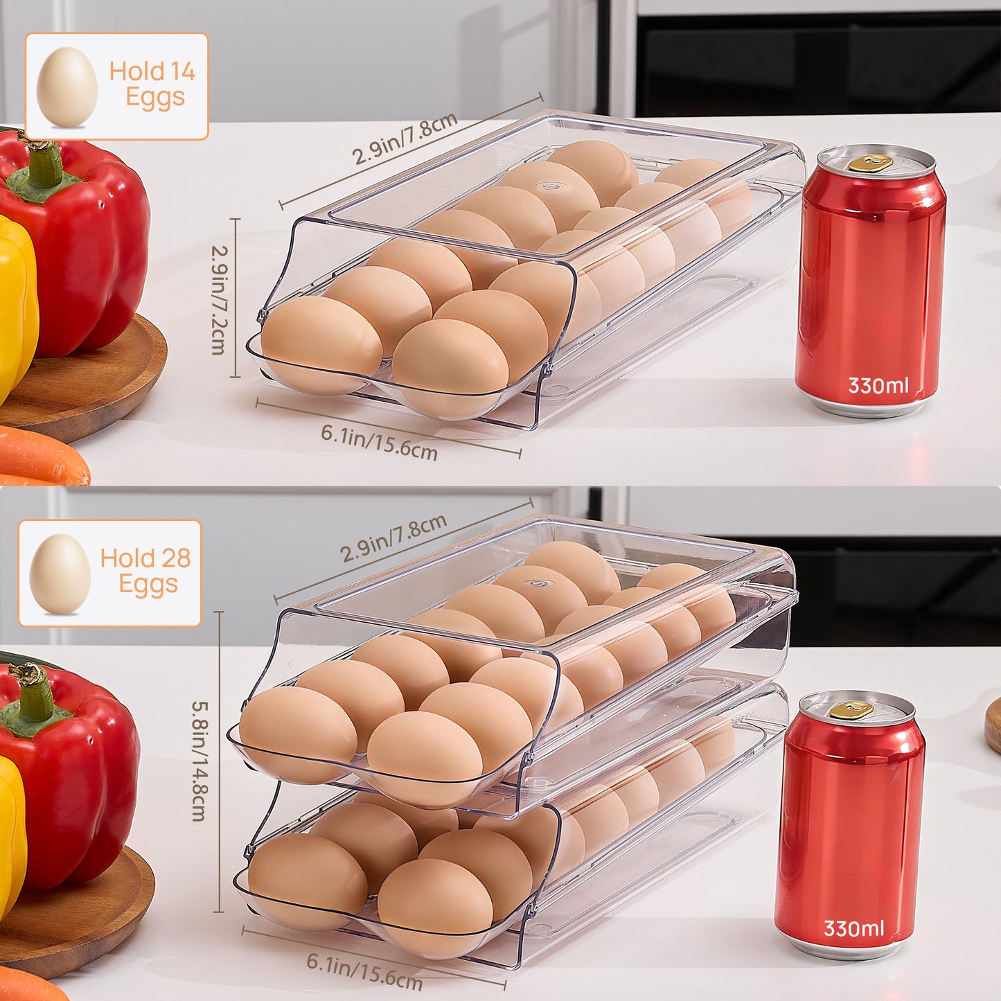Sindcom Clear Plastic Egg Holder for Fridge, Automatic Rolling Egg Container for Refrigerator, Stackable 14-Count Eggs Organizer with Removable Inner Tray, Fridge Organizers and Storage, 2Pack