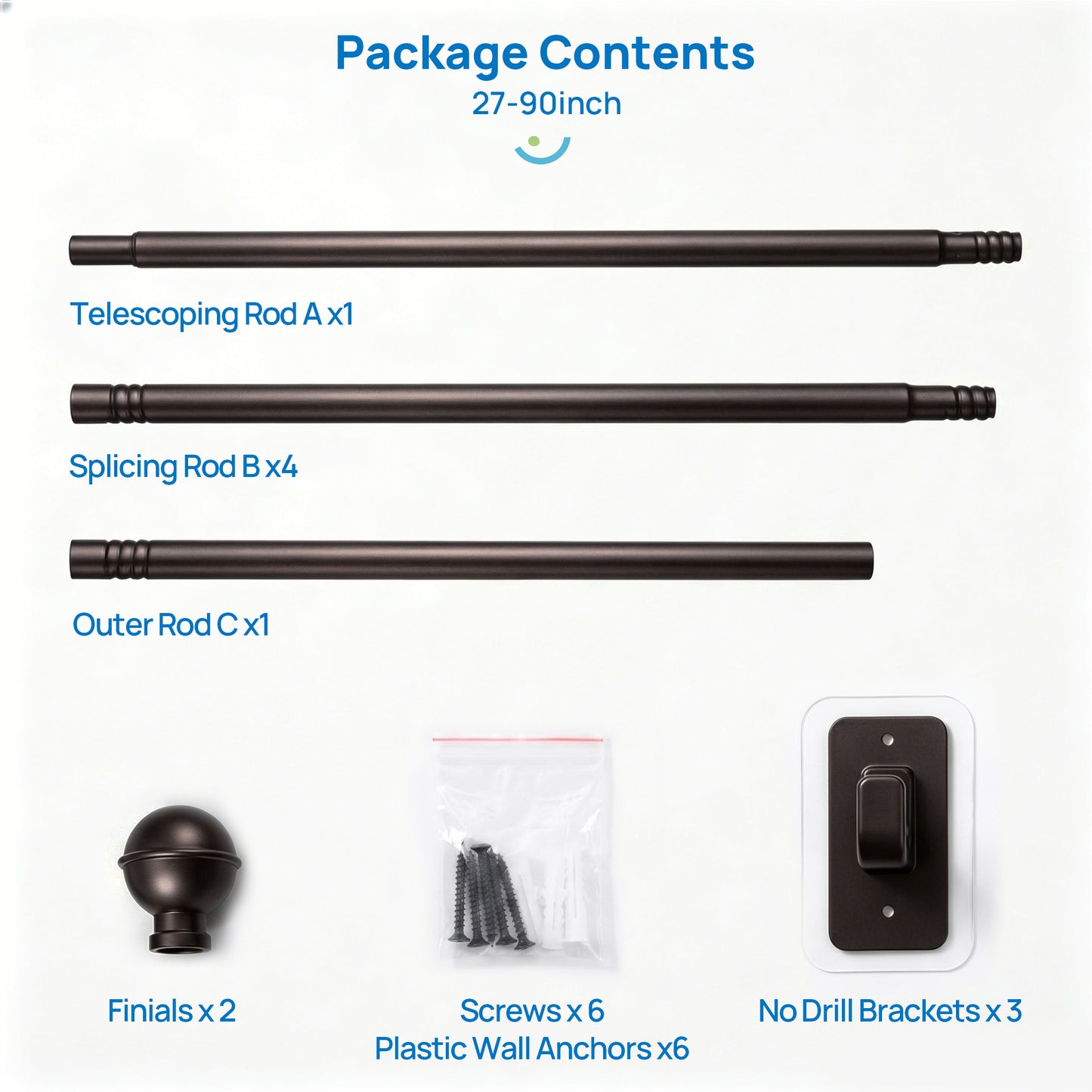 Sindcom No Drill Curtain Rods for Window 48 to 84 Inches, 5/8 Inch Diameter Renter Friendly Drapery Rod with Adhesive Brackets without Drilling, Adjustable from 27 to 90 Inches,Bronze