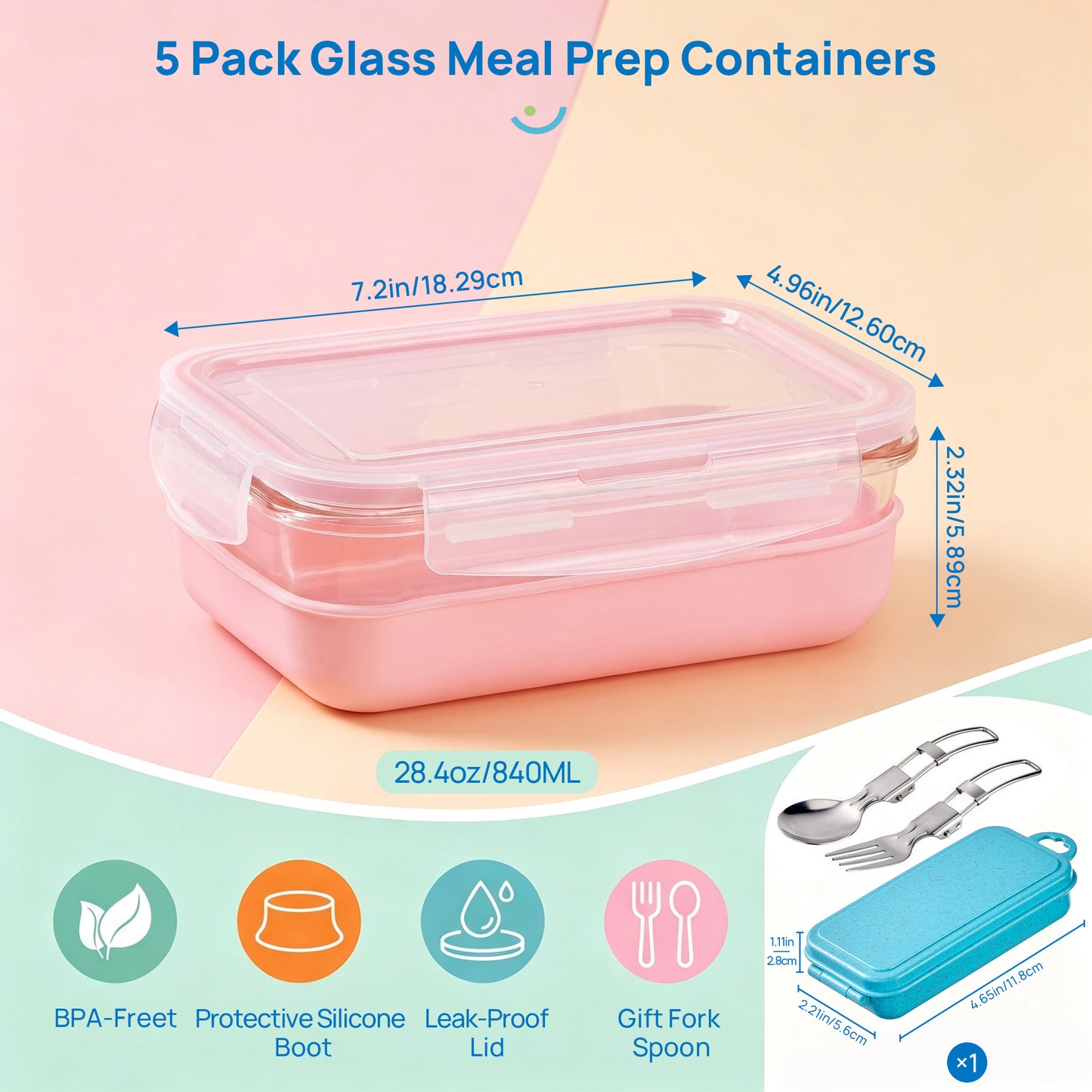 Sindcom 5 Pack 28oz Glass Food Storage Containers Set with Silicone Sleeve，Glass Meal Prep Containers, Lunch containers with Airtight BPA-Free Plastic Lids, Dishwasher, Microwave, and Freezer Safe