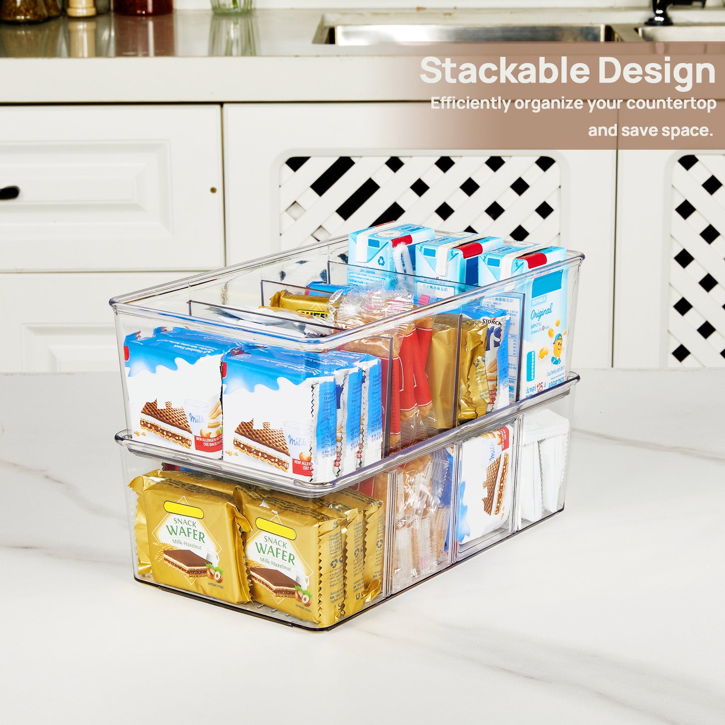 Sindcom 8 Pack Food Storage Organizer Bins, Clear Plastic Bins for Pantry, Kitchen, Fridge, Cabinet Organization and Storage, 4 Compartment Holder for Packets, Snacks, Pouches, Spice Packets