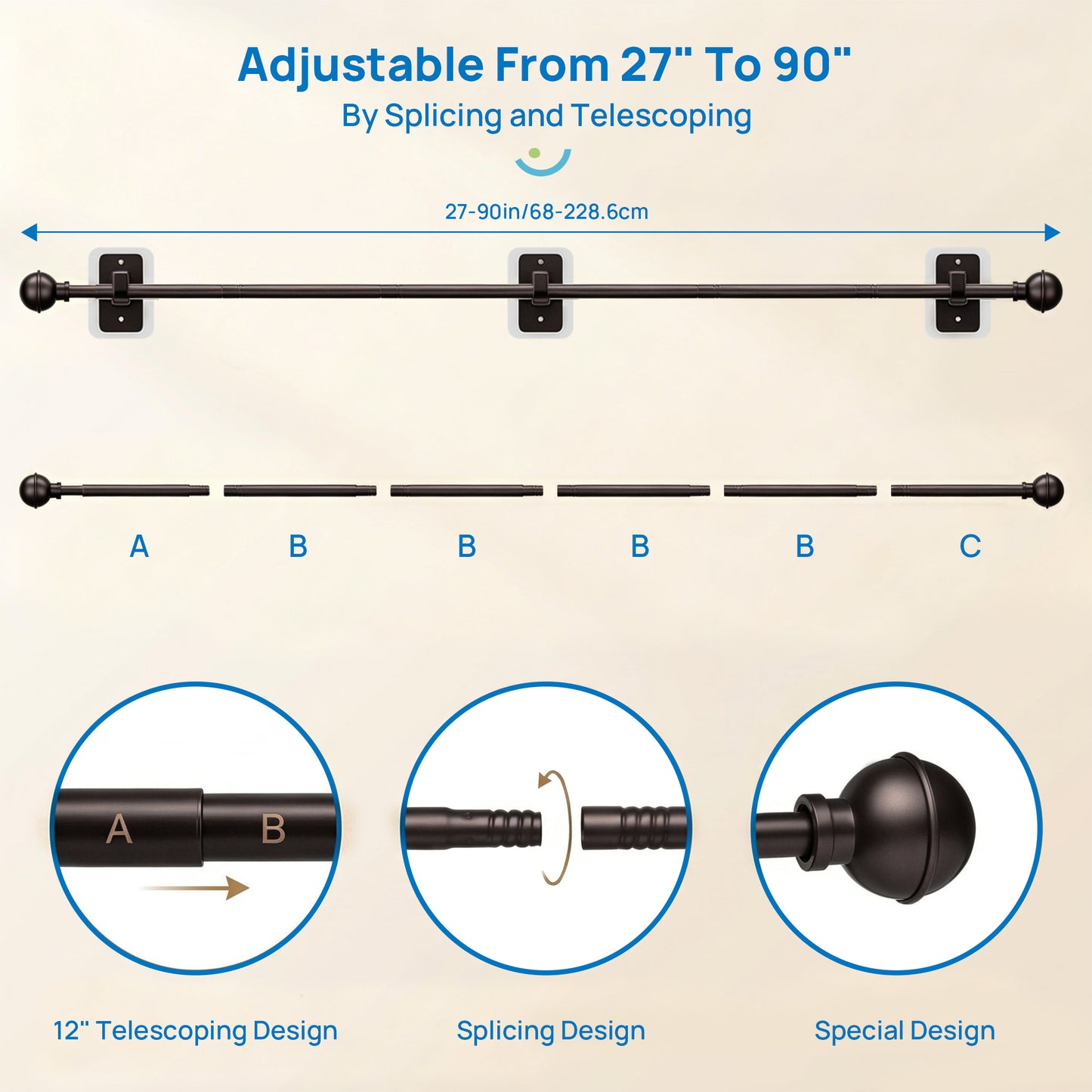 Sindcom No Drill Curtain Rods for Window 48 to 84 Inches, 5/8 Inch Diameter Renter Friendly Drapery Rod with Adhesive Brackets without Drilling, Adjustable from 27 to 90 Inches,Bronze