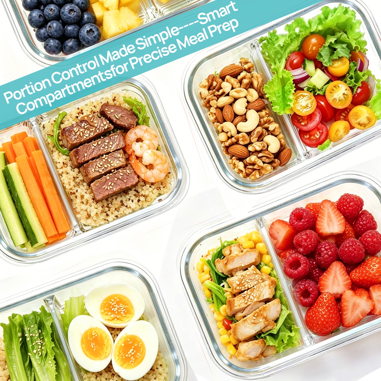 Sindcom 5 Pack 33oz Glass Storage Containers with Lids, 2 Compartments Meal Prep Containers, Airtight Lunch Boxes with Snap Locking Lids for Microwave, Oven, Freezer, Dishwasher