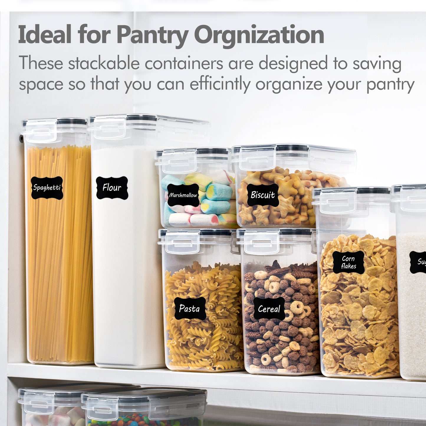 Sindcom Airtight Food Storage Containers Set, 14pcs Plastic Kitchen and Pantry Organization Canisters, Black