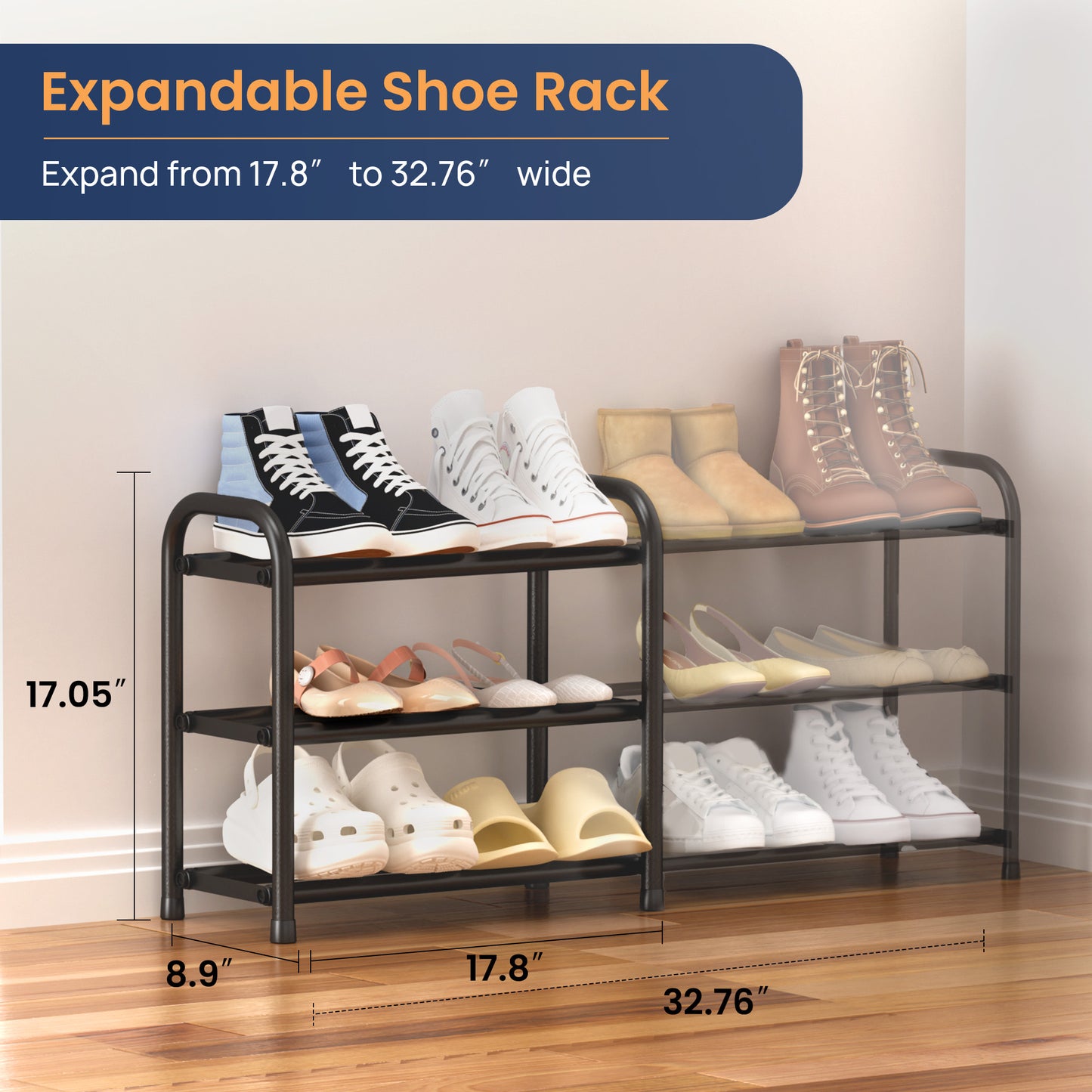 Sindcom 3 Tier Expandable Shoe Rack, Black Metal Shoe Shelf Organizer Storage for Closet, Space Saving Shoe Rack for Entryway
