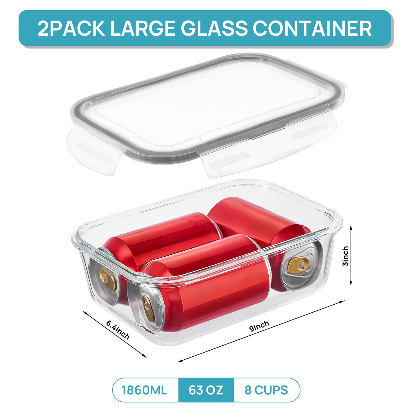 Sindcom 2Pack 1860ml/ 63oz Large Glass Storage Containers with Lids, Meal Prep Food Container Set with Snap Airtight Lid for Baking, Microwave, Oven, Leak Proof, for Freezer, Dishwasher, Grey