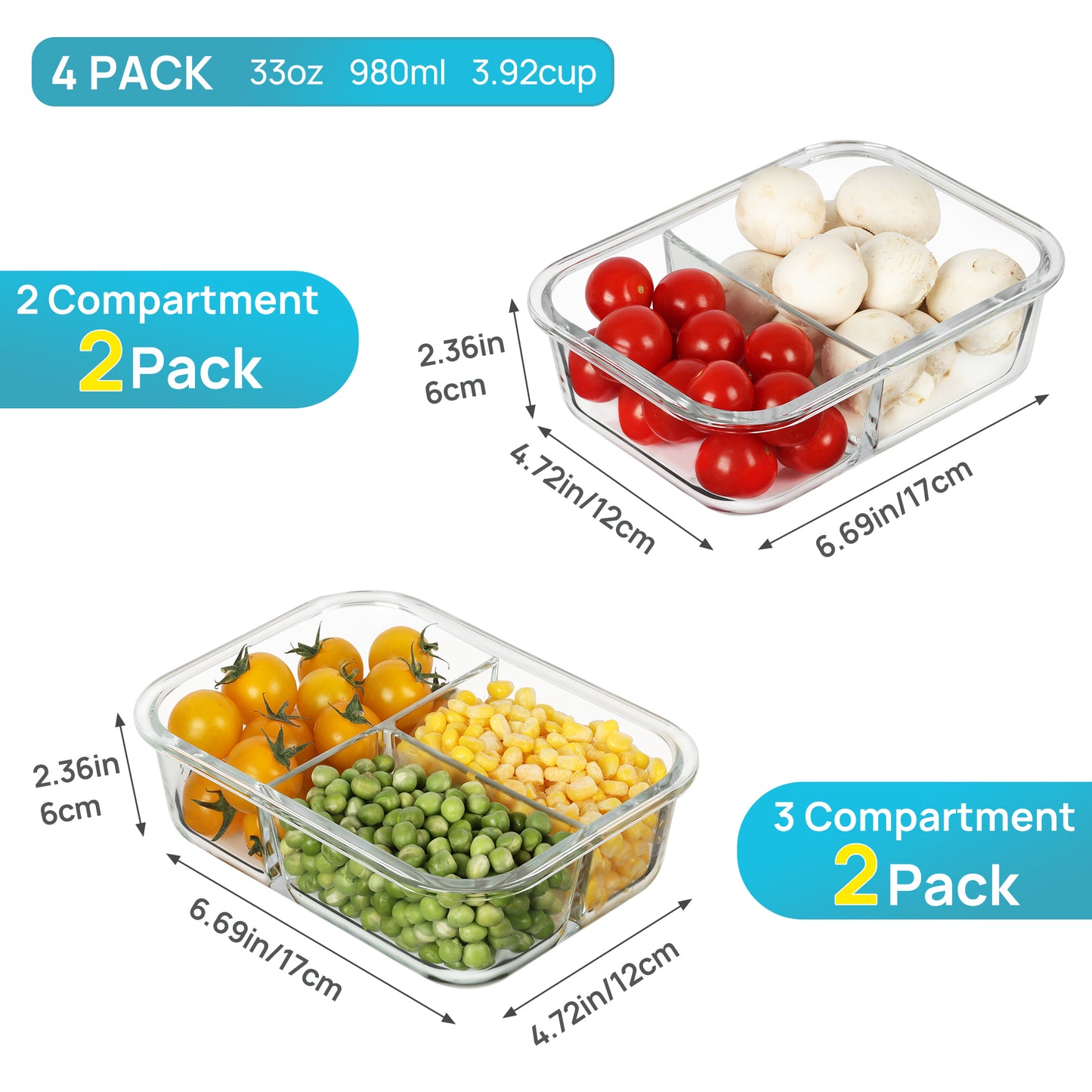 Sindcom 4 Pack 33oz Glass Food Storage Containers with Lids, Meal Prep Bento Boxes, for Microwave, Oven, Freezer, Gray