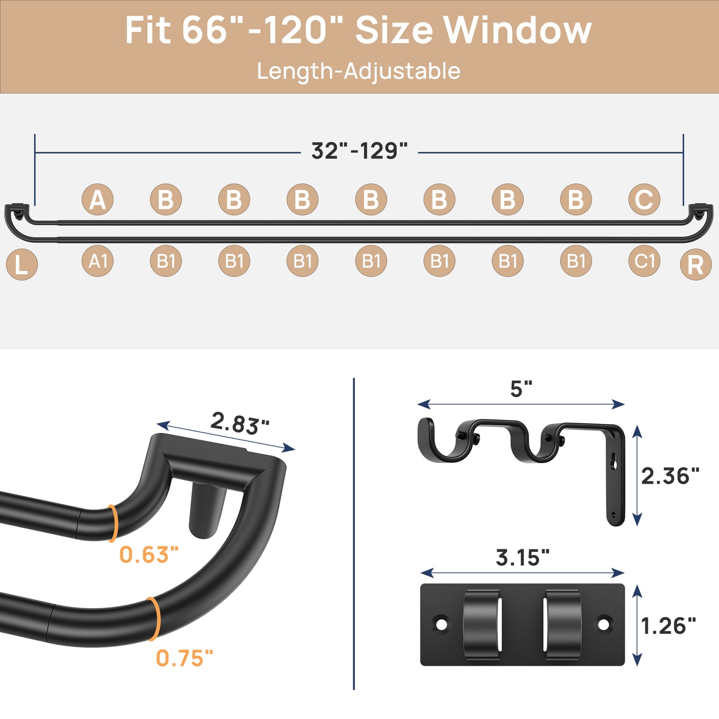 Sindcom Double Curtain Rod，Blackout Wrap-Around Curtain Rods for Windows 66 to 120 Inch for Room Darkening Curtains，Adjustable from 32 to 129 Inch, Matte Black