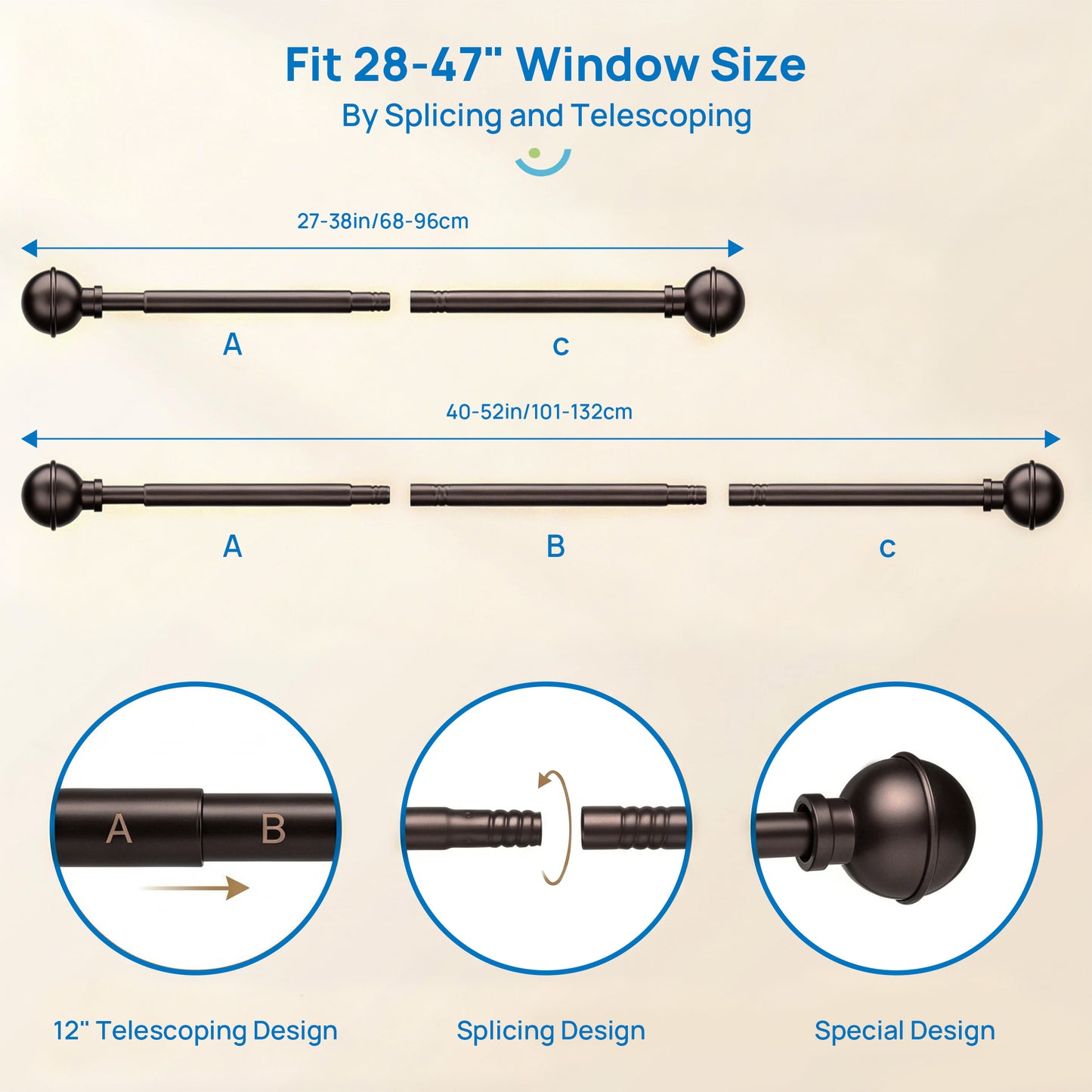 Sindcom No Drill Curtain Rods for Window 27 to 48 Inches, 5/8 Inch Diameter Renter Friendly Drapery Rod with Adhesive Brackets without Drilling, Adjustable from 27 to 52 Inches,Bronze