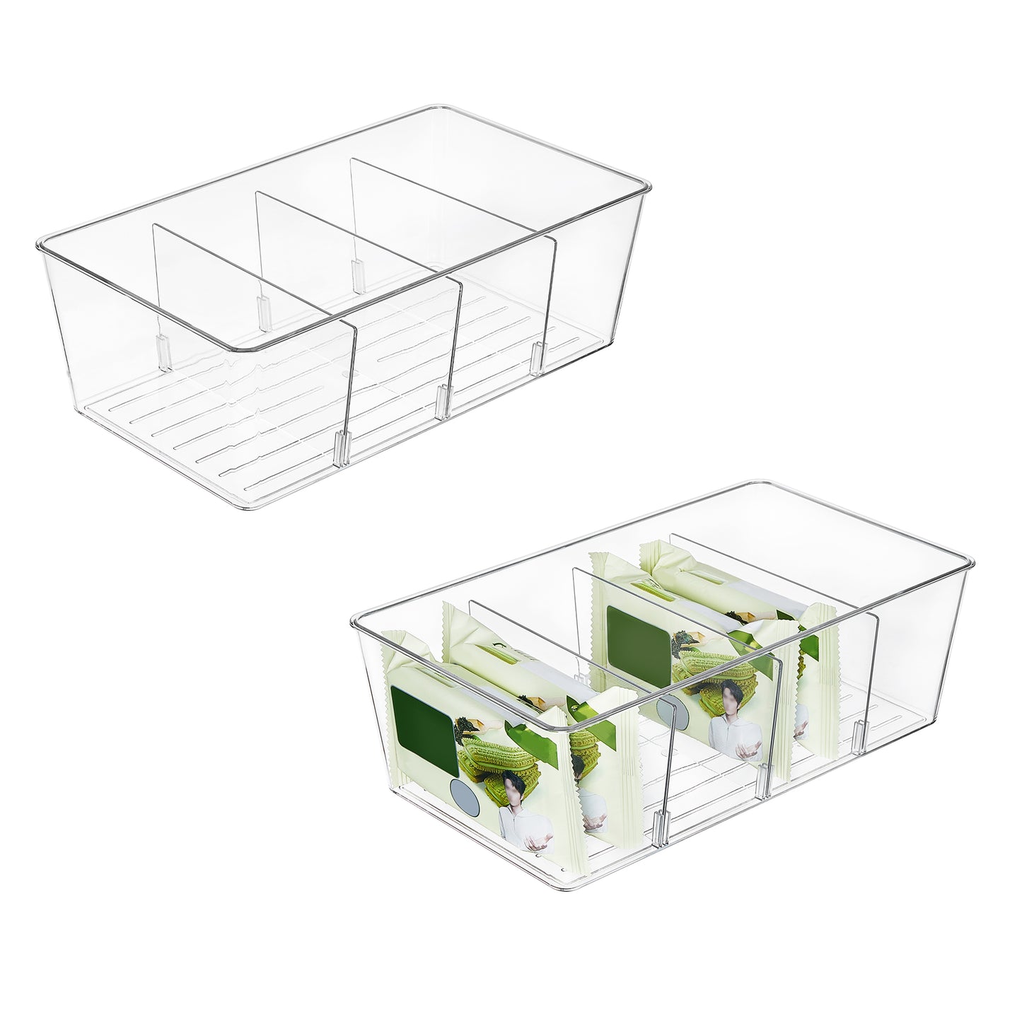Sindcom 2 Pack Food Storage Organizer Bin with 4 Compartment , Clear Plastic Pantry Organizing Bins, for Spice Packets, Snacks, Pouches, Set of 2