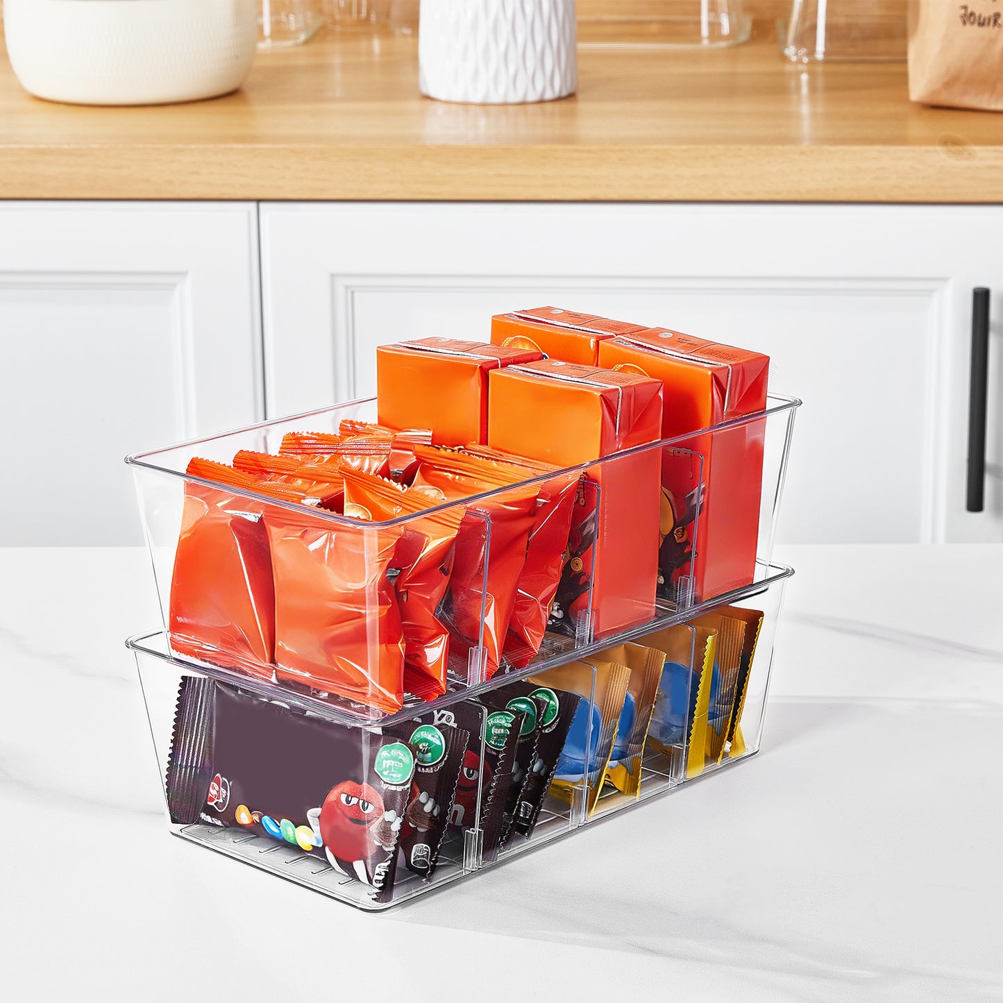 Sindcom 4 Pack Clear Plastic Food Storage Organizer Bins, Multi-Compartment Pantry & Kitchen Drawer Organizer for Spice Packets, Tea Bags, Snacks - Versatile for Fridge & Cabinet