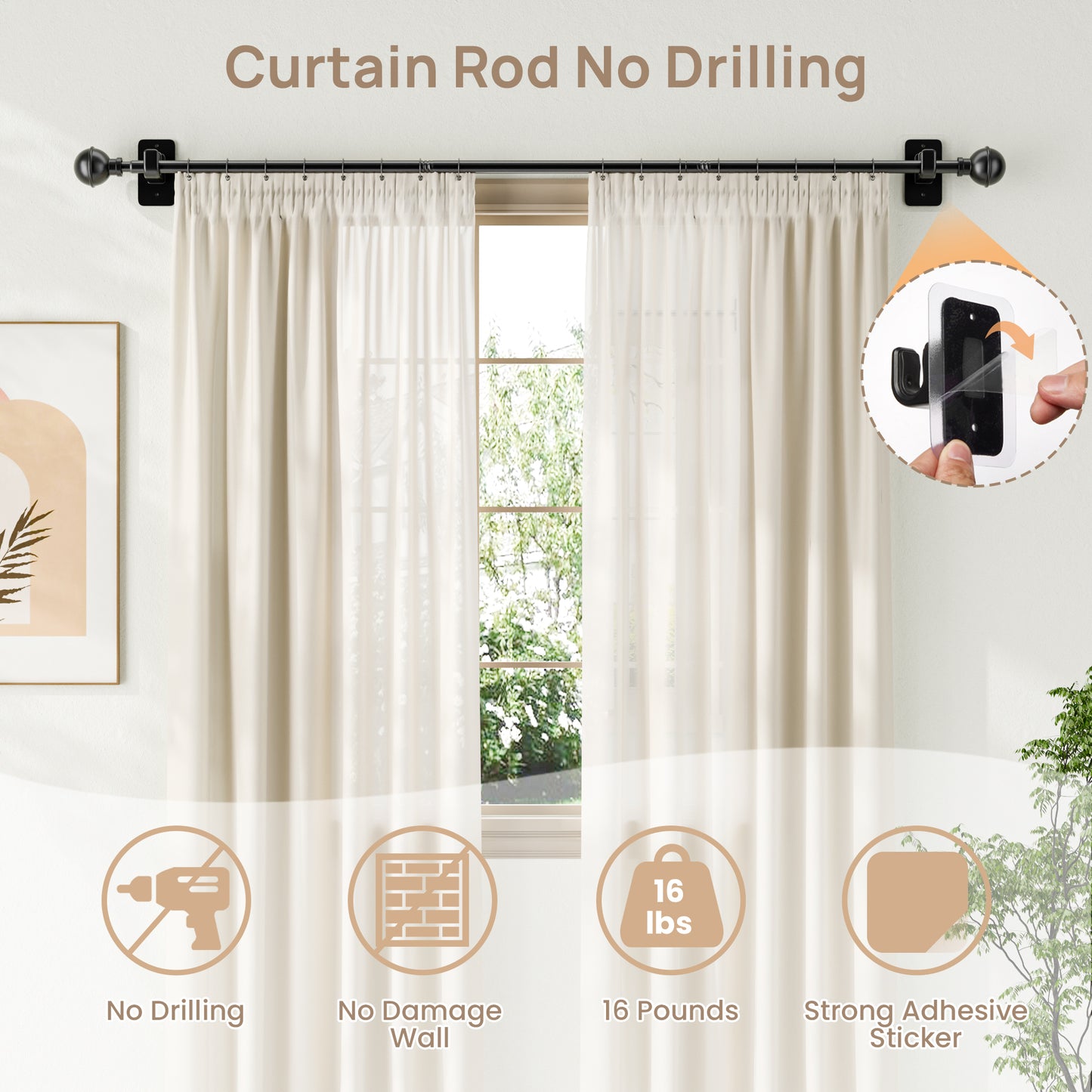 Sindcom No Drill Curtain Rods for Window 27 to 48 Inches, 5/8 Inch Diameter Renter Friendly Drapery Rod with Adhesive Brackets without Drilling, Adjustable from 27 to 52 Inches, Black