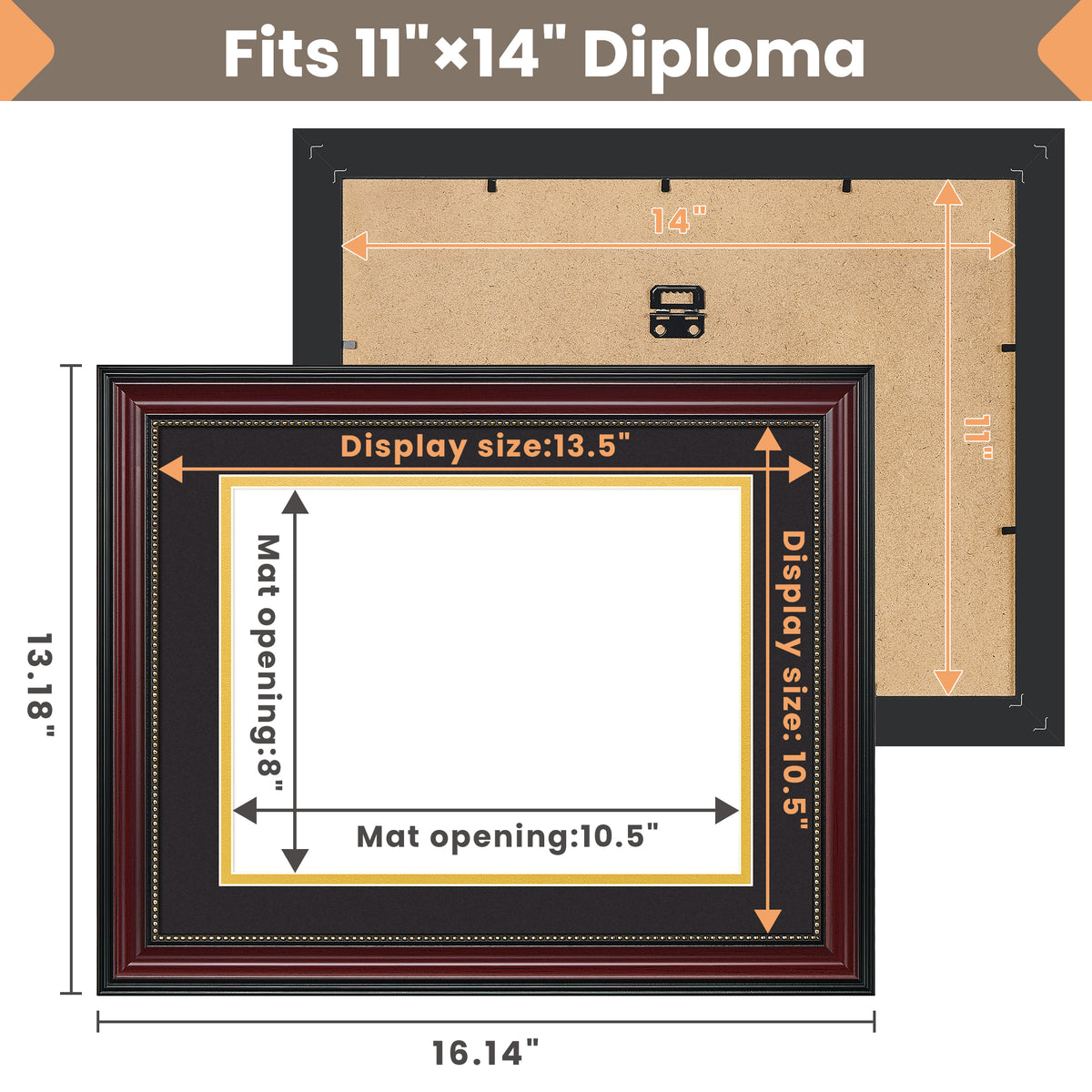 Sindcom 11x14 Diploma Frame , Classic Wood Grain with Gold Beading , Display Pictures 8.5x11 with Mat or 11x14 Without Mat , Certificate Degree Document Frame