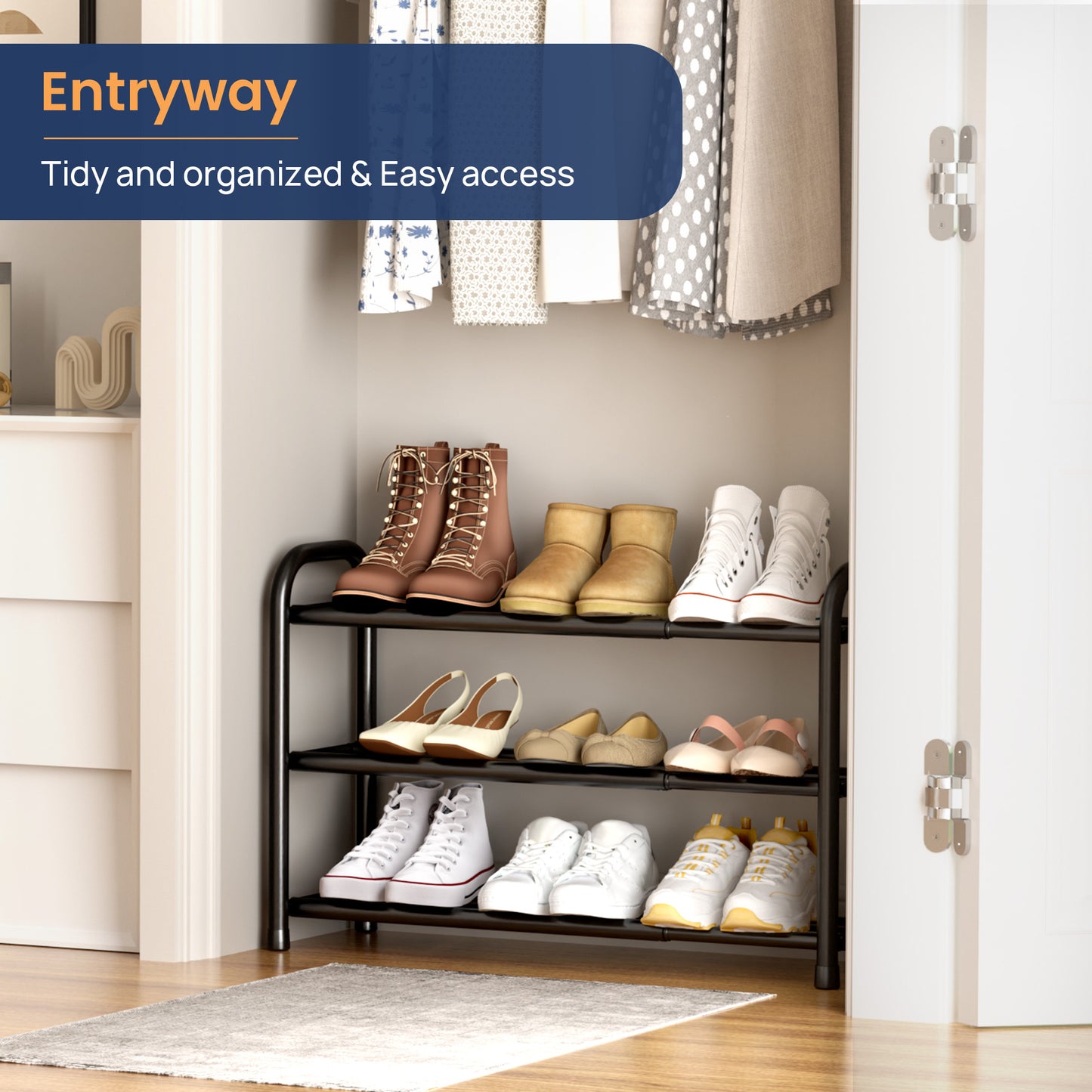 Sindcom 3 Tier Expandable Shoe Rack, Black Metal Shoe Shelf Organizer Storage for Closet, Space Saving Shoe Rack for Entryway