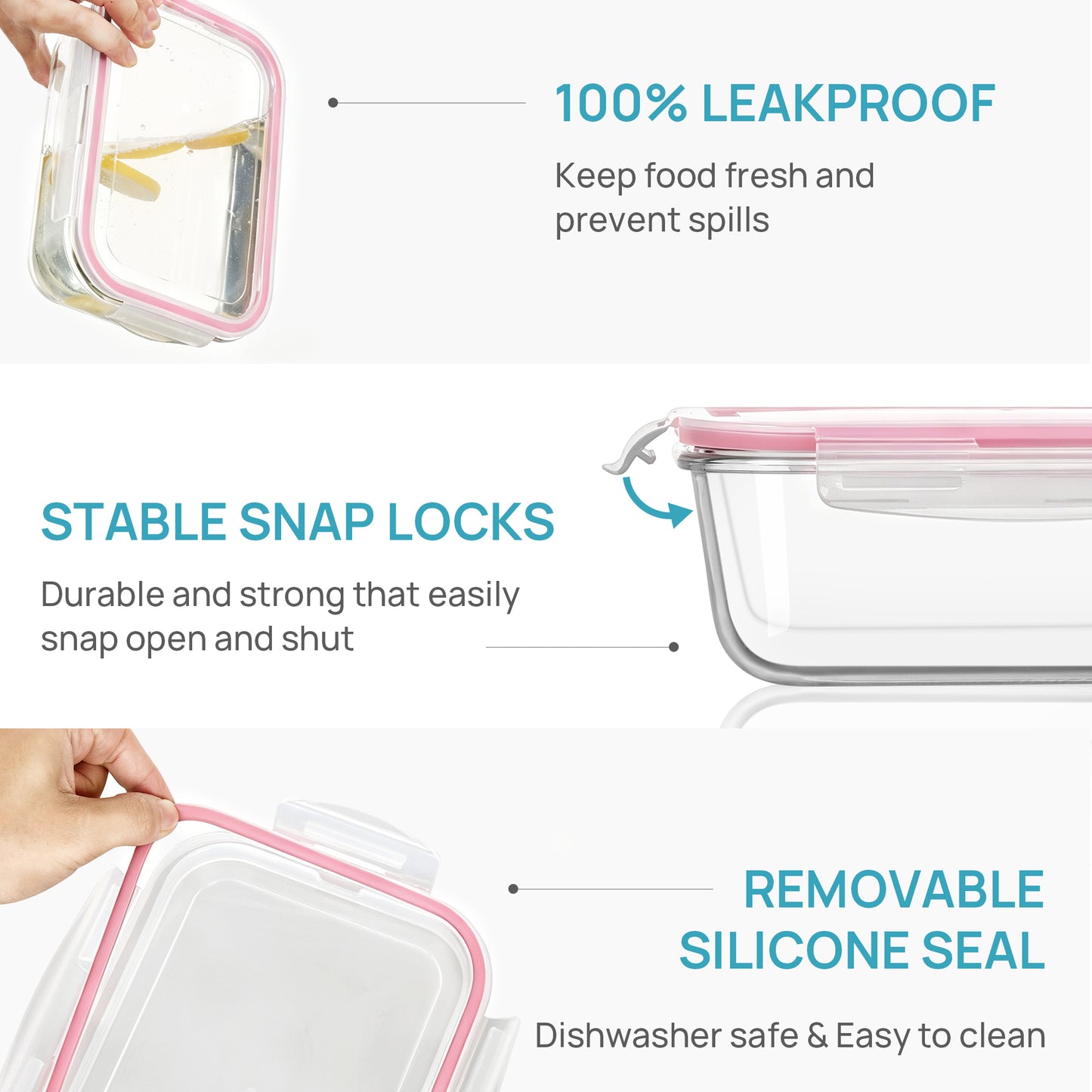 Sindcom 5Pack 22oz Glass Storage Containers with Lids, Glass Meal Prep Food Container Sets with Snap Airtight Lids for Microwave, Oven, Freezer and Dishwasher Pink