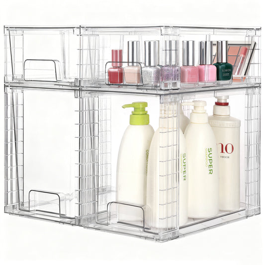 Sindcom 4 Pack Large Stackable Plastic Storage Drawers, Acrylic Clear Plastic Organizer Bins for Makeup, Cosmetics, Bathroom Closet Undersink Organizer, 2 High+2 Small