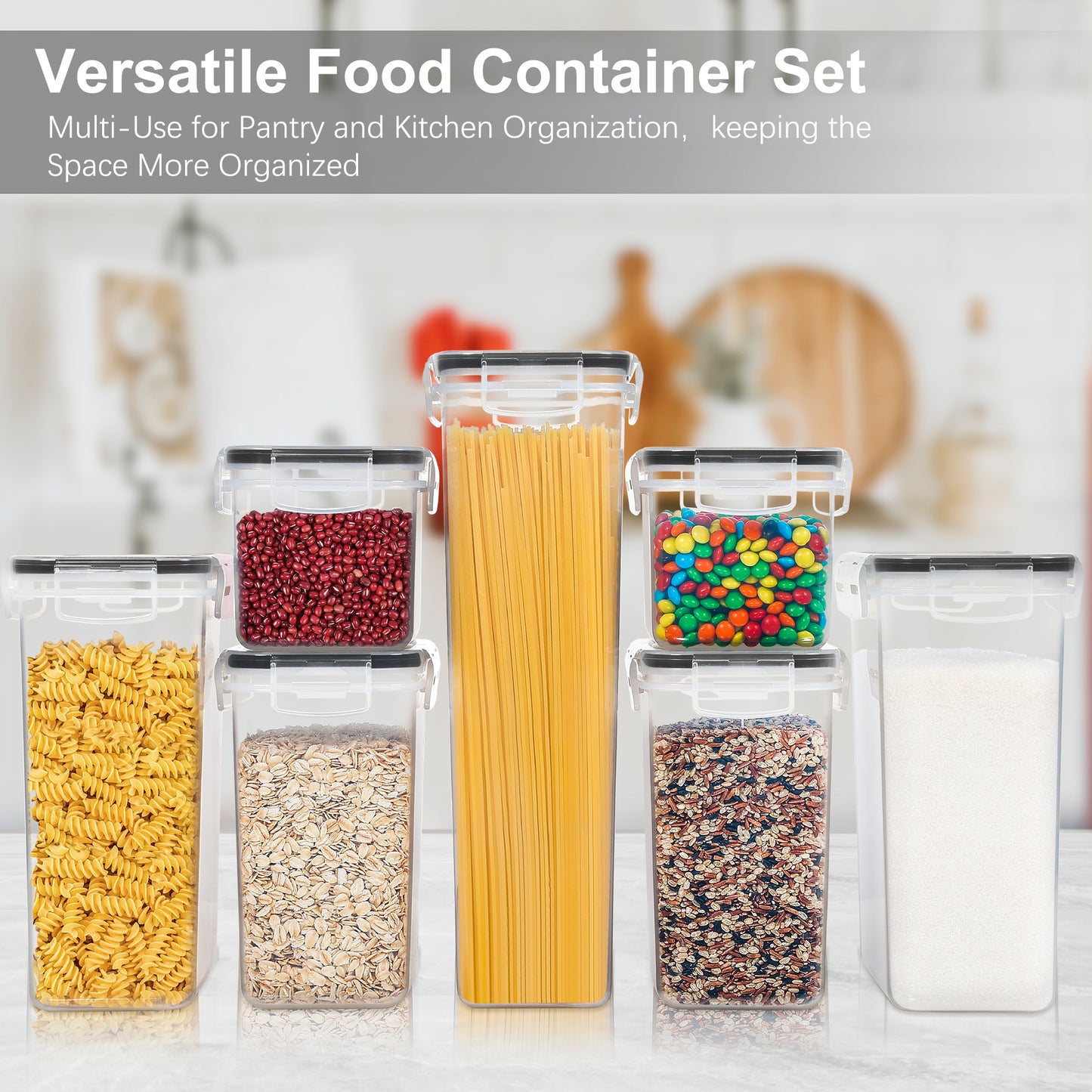 Sindcom Airtight Food Storage Containers Set, BPA-Free 7pcs Plastic Kitchen and Pantry Organization Canisters, Black