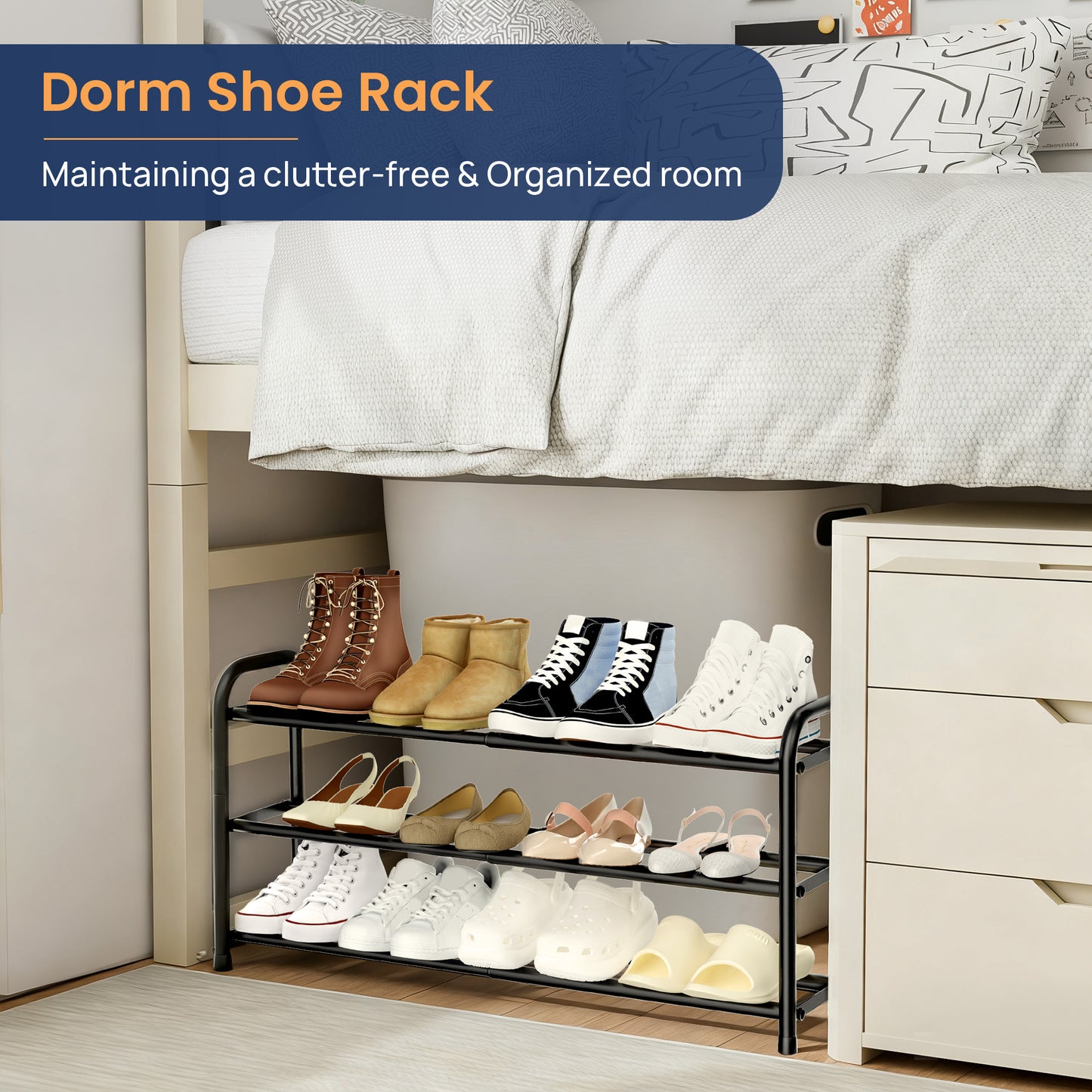 Sindcom 3 Tier Expandable Shoe Rack, Black Metal Shoe Shelf Organizer Storage for Closet, Space Saving Shoe Rack for Entrywa