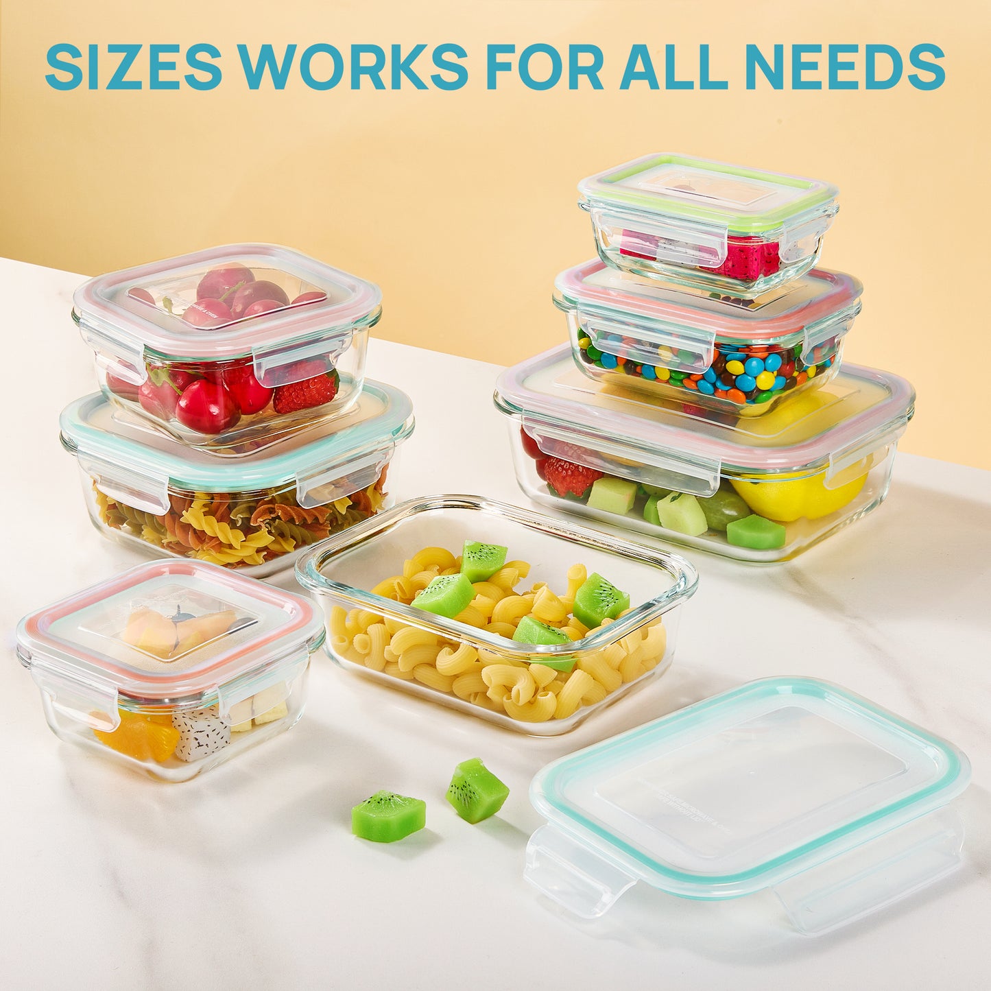 Sindcom 7 Pack Glass Food Storage Containers, Meal Prep, Airtight Bento Boxes with Leak Proof Locking Lids,Colorful