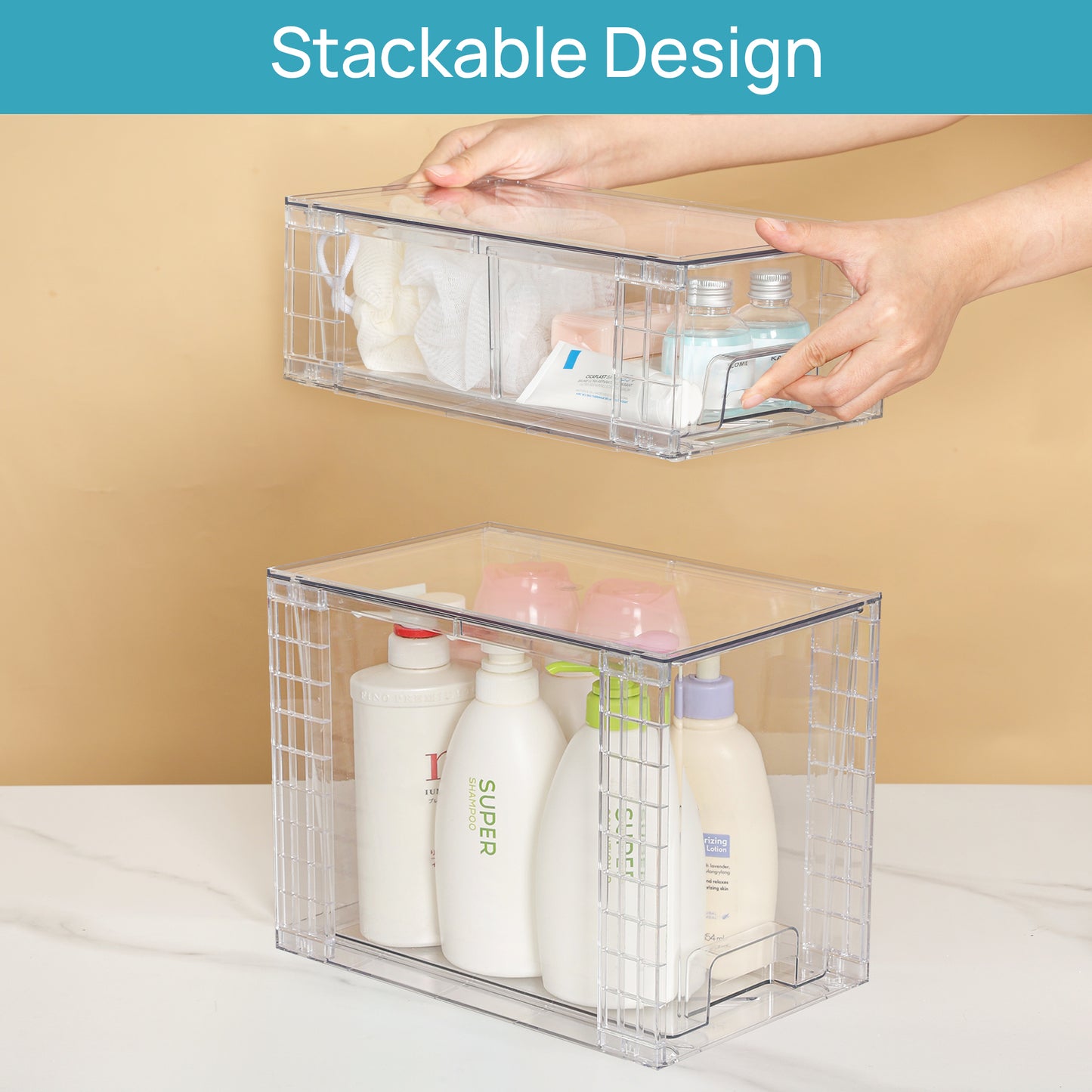 Sindcom 4 Pack Large Stackable Plastic Storage Drawers, Acrylic Clear Plastic Organizer Bins for Makeup, Cosmetics, Bathroom Closet Undersink Organizer, 2 High+2 Small