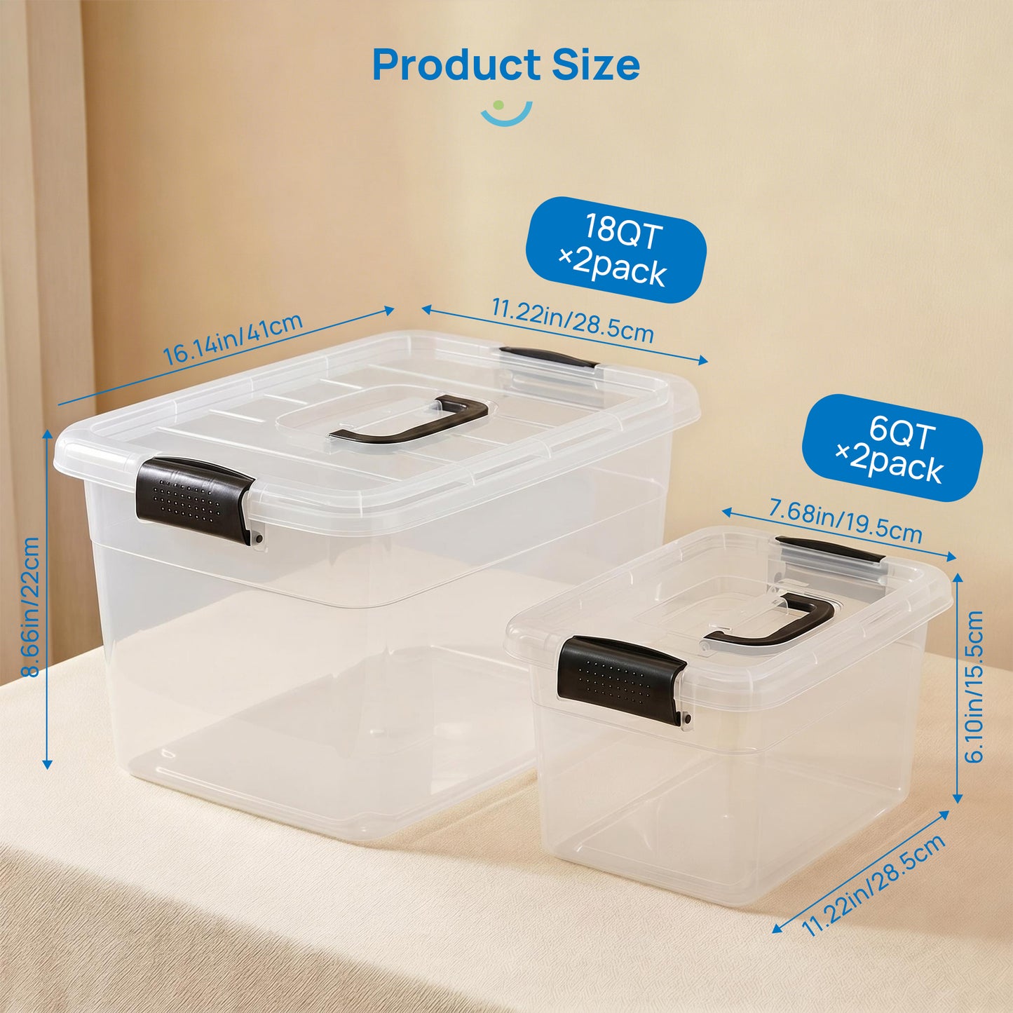 Sindcom 4-Pack Clear Storage Bins Set with Lids Stackable Plastic, Large (18QT2PACK) and Small ( 6QT2PACK)
