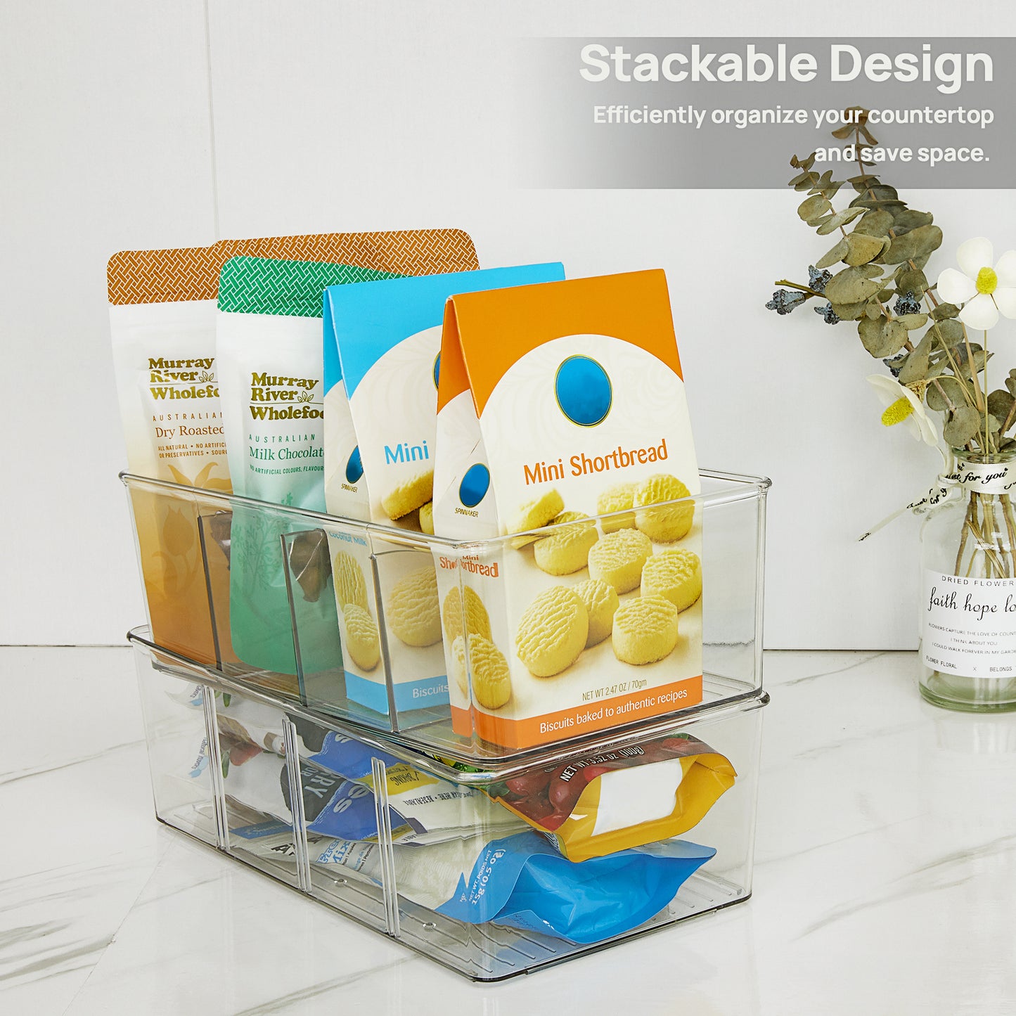 Sindcom 8 Pack Food Storage Organizer Bins, Clear Plastic Bins for Pantry, Kitchen, Fridge, Cabinet Organization and Storage, 4 Compartment Holder for Packets, Snacks, Pouches, Spice Packets