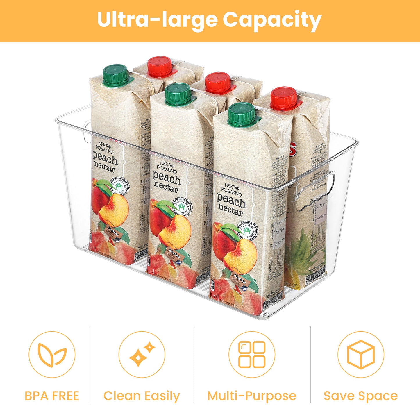 Sindcom 4 Pack Clear Plastic Storage Bins with Handles, Pantry Organizer Bins, for Refrigerator, Freezer, Cabinet, Kitchen, Countertops, X-Large