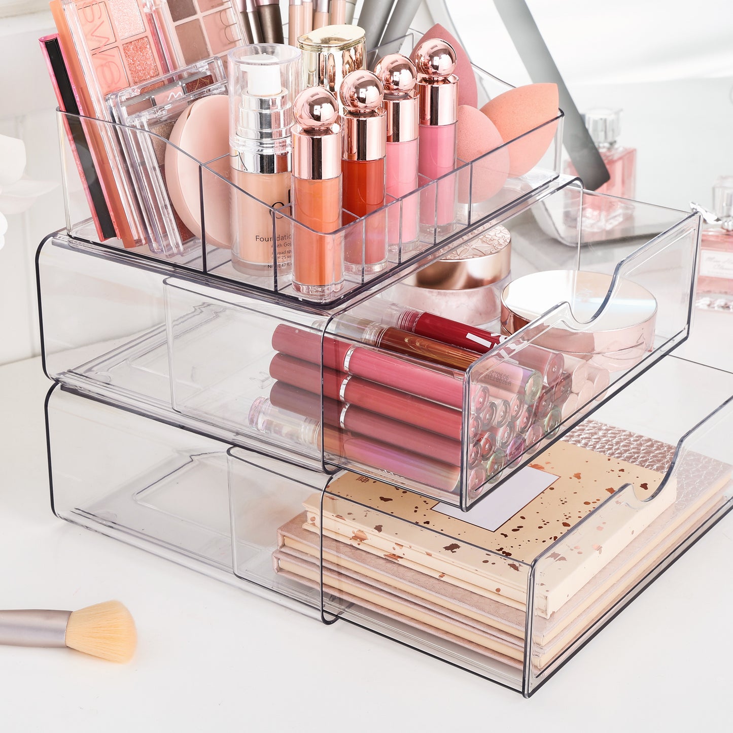 Sindcom 4 Tier Clear Makeup Organizer with Drawer, Plastic Cosmetic Storage, Beauty Holder