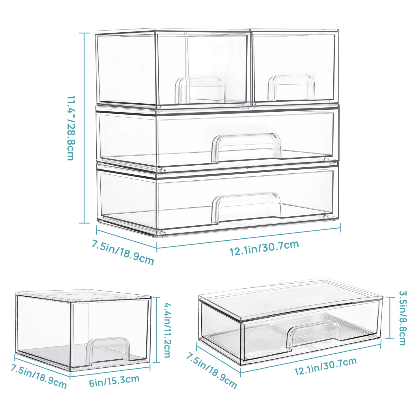 Sindcom Stackable Storage Drawers Set of 4,Clear Plastic Organizer Bins for Makeup, Cosmetics, Beauty Supplies