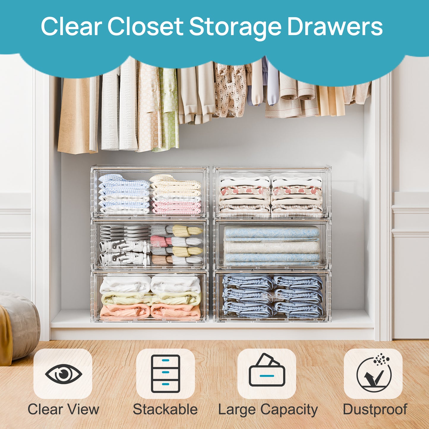 Sindcom 2 Pack 27QT Large Clear Stackable Storage Drawers, Easily Assemble Plastic Closet Storage Bins, Dust-Proof UnderBed Organizer for Clothing, Sweater Organization