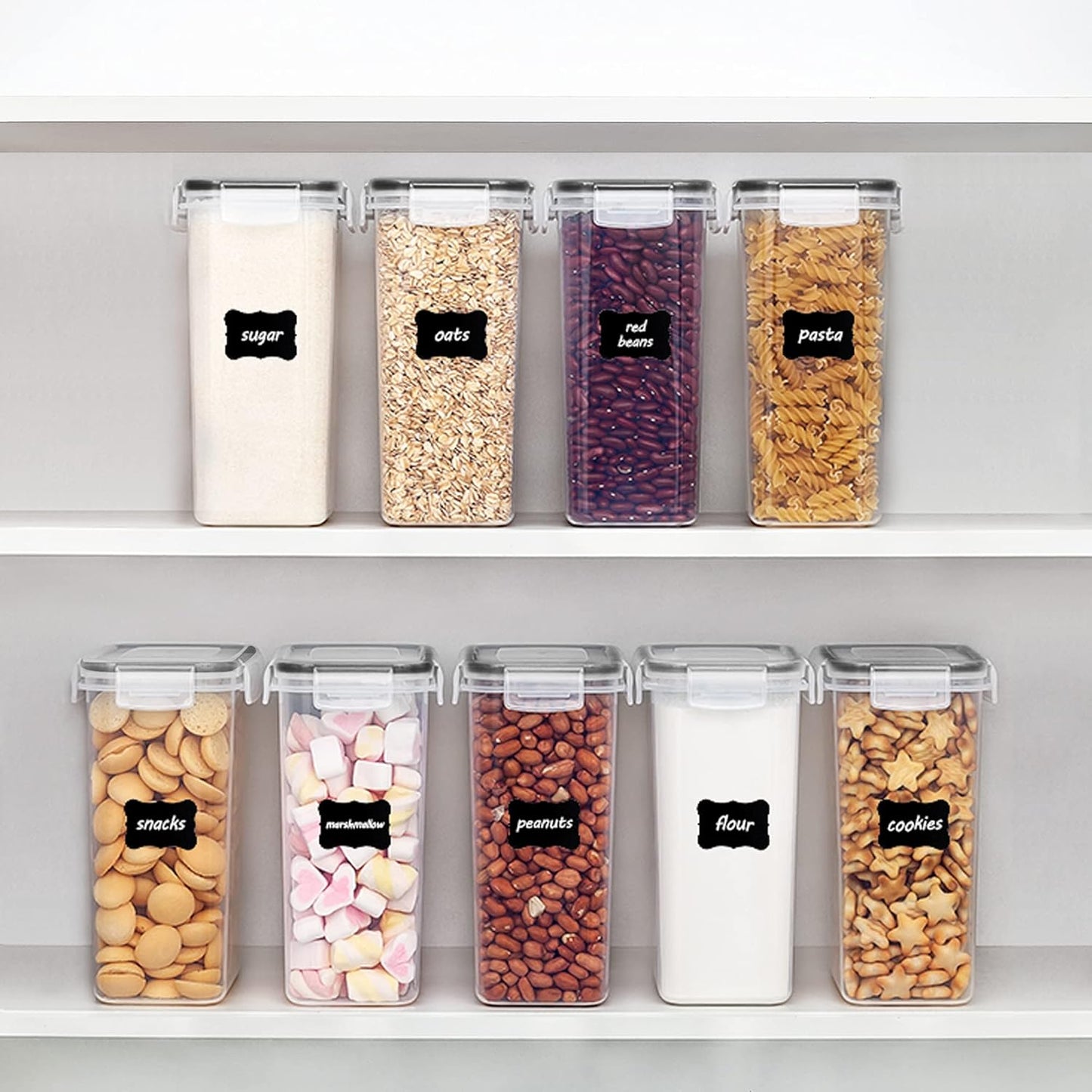 Sindcom Set of 9 Airtight Food Storage Containers with Lids,Plastic Kitchen Pantry Organizers and Flour Storage,Dry Food Keepers, 2L Cereal Containers with 24 Labels,Black