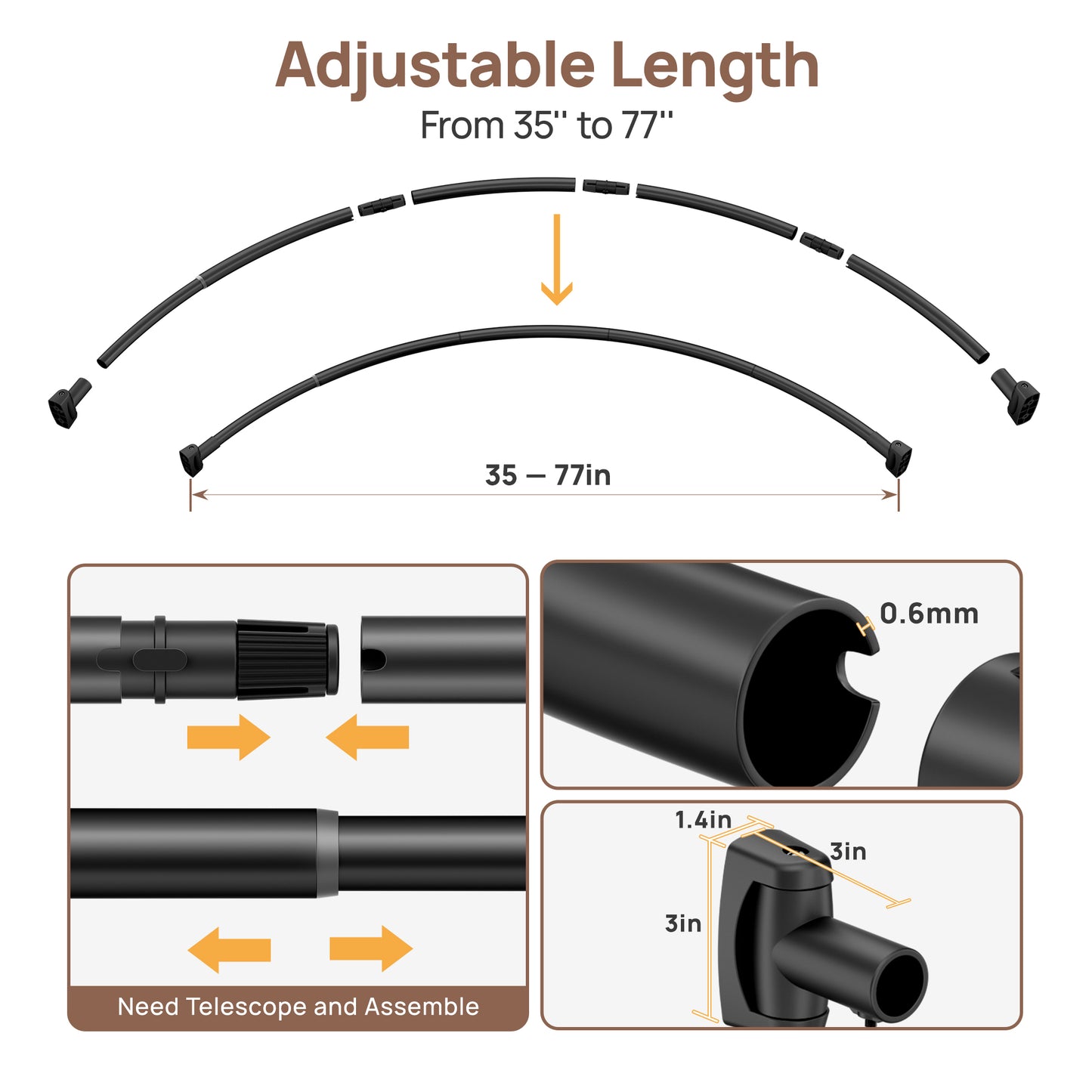 Sindcom 35-77 Inches Curved Shower Curtain Rod, Adjustable Stainless Steel Shower Rod for Extra Space, Round Shower Rods for Bathroom, Bathtub, Shower, Need to Drill, Matte Black