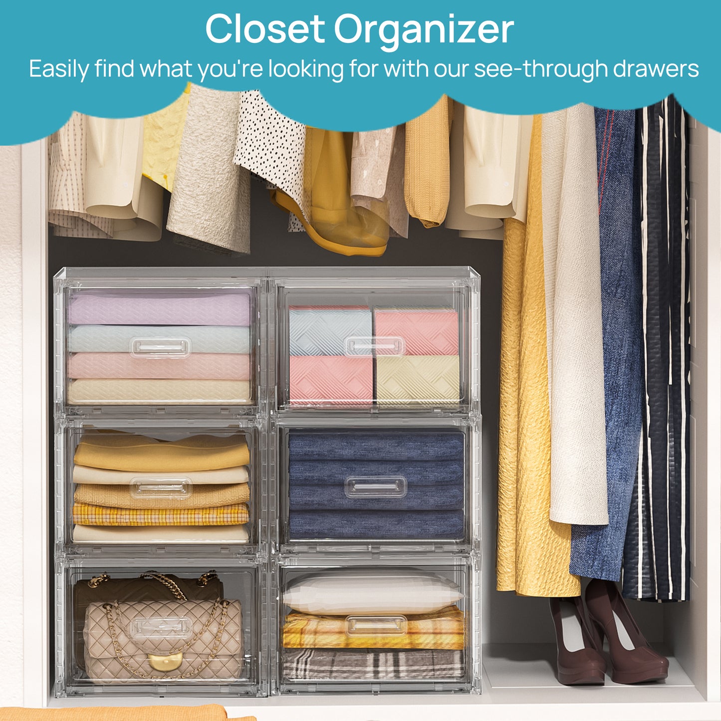 Sindcom 4 Pack Medium 18QT Clear Stackable Storage Drawers,Easily Assemble Closet Organizers,Plastic Storage Bins for Bathroom,Cabinet,Kitchen Pantry,Under Sink Organization