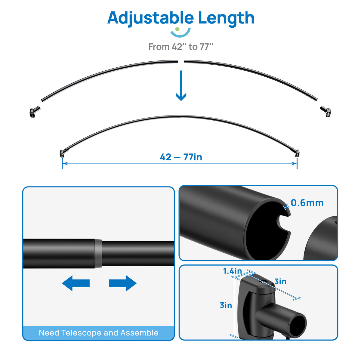 Sindcom Curved Shower Rod, Adjustable Stainless Steel Bathroom Rod, Wall Mount Matte Black