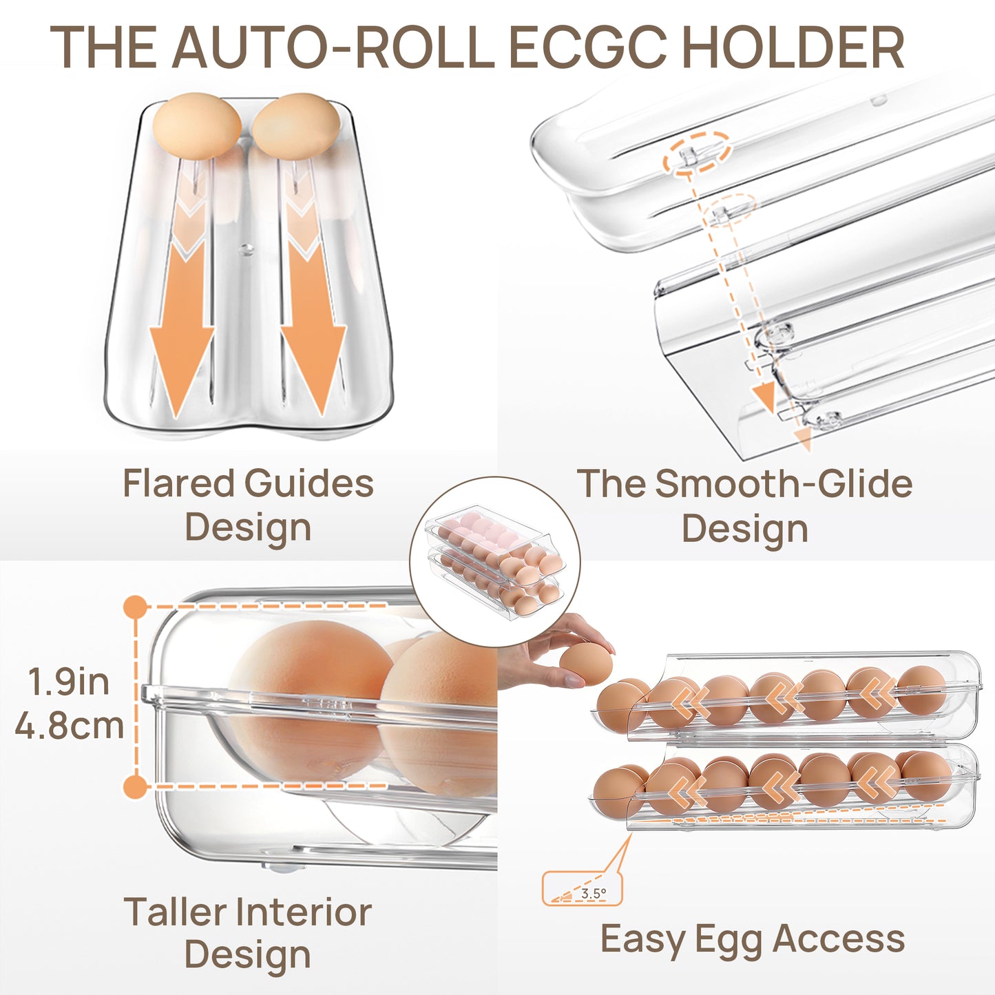 Sindcom Clear Plastic Egg Holder for Fridge, Automatic Rolling Egg Container for Refrigerator, Stackable 14-Count Eggs Organizer with Removable Inner Tray, Fridge Organizers and Storage, 2Pack