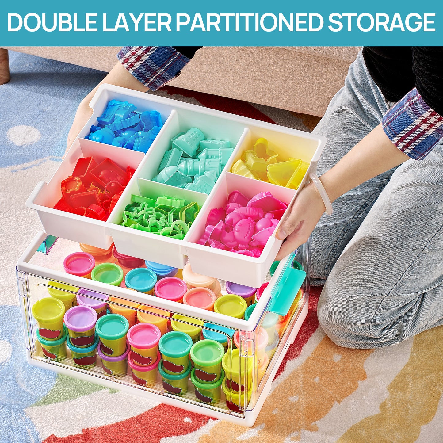 Sindcom 24 QT Clear Plastic Kids Toy Storage Bins, Stuffed Animal & Art Supply Organizer with Removable Dividers, Craft Box for Coloring Books, Toys, 1 Pack