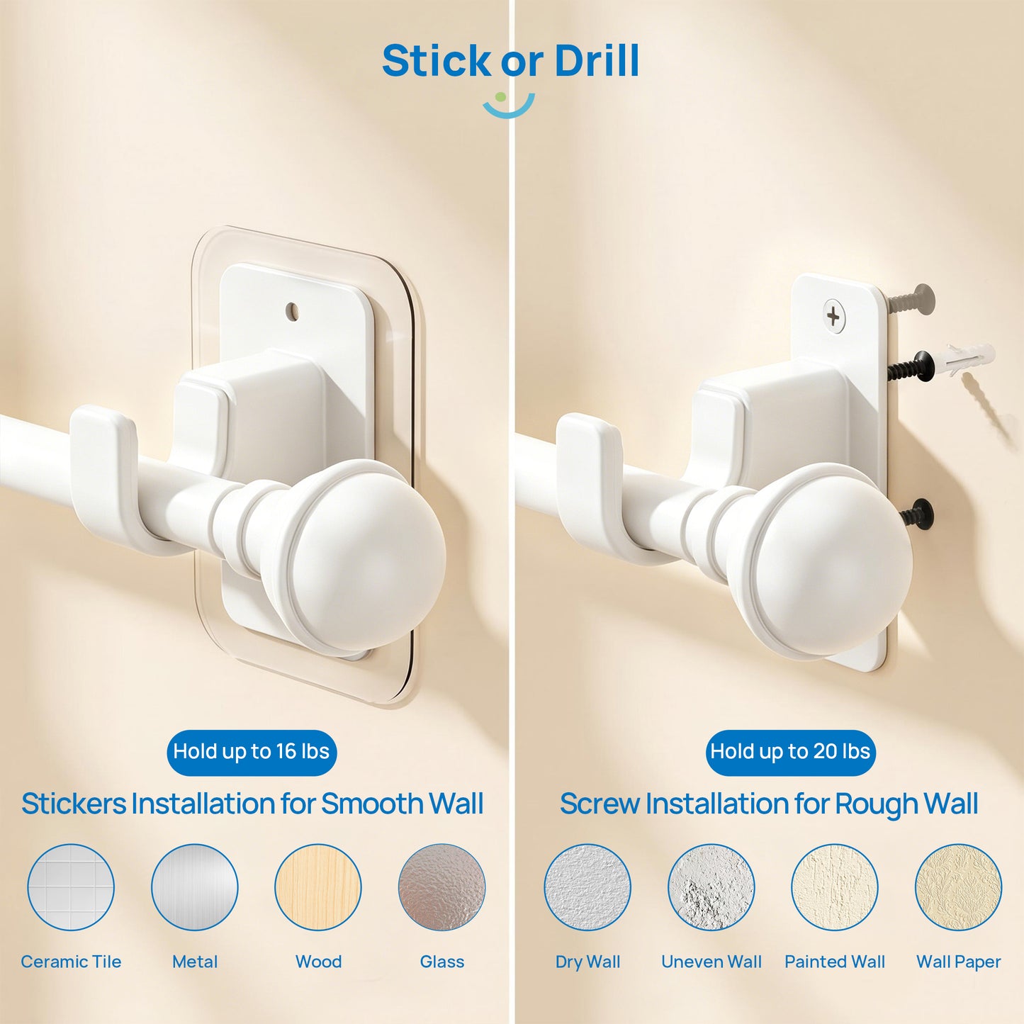 Sindcom No Drill Curtain Rods for Window 48 to 84 Inches, 5/8 Inch Diameter Renter Friendly Drapery Rod with Adhesive Brackets without Drilling, Adjustable from 27 to 90 Inches, White