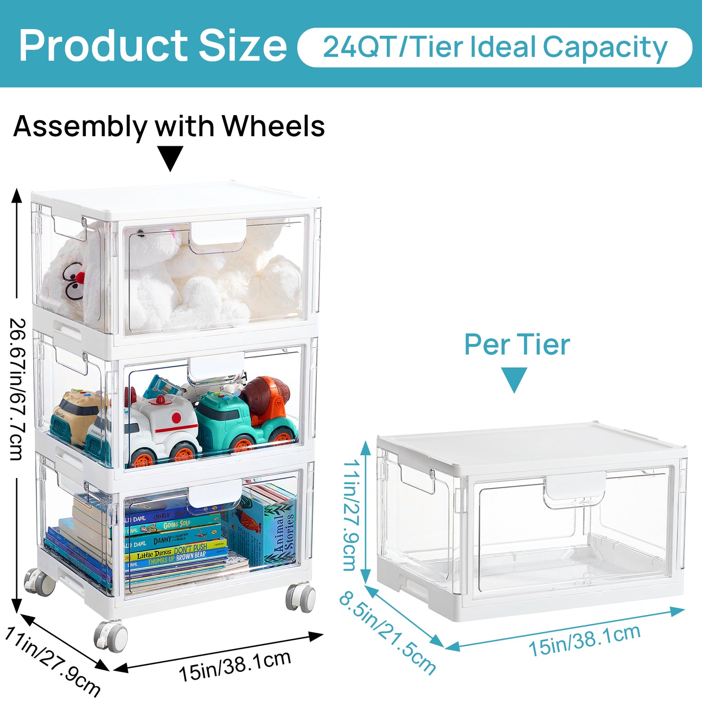 Kids Toy Storage Organizer with Clear Bins & Wheels, 72Qt Foldable Stackable Storage Containers with Lids for Baby Diapers, Wipes, Toys, Nursery & Playroom Organization, White