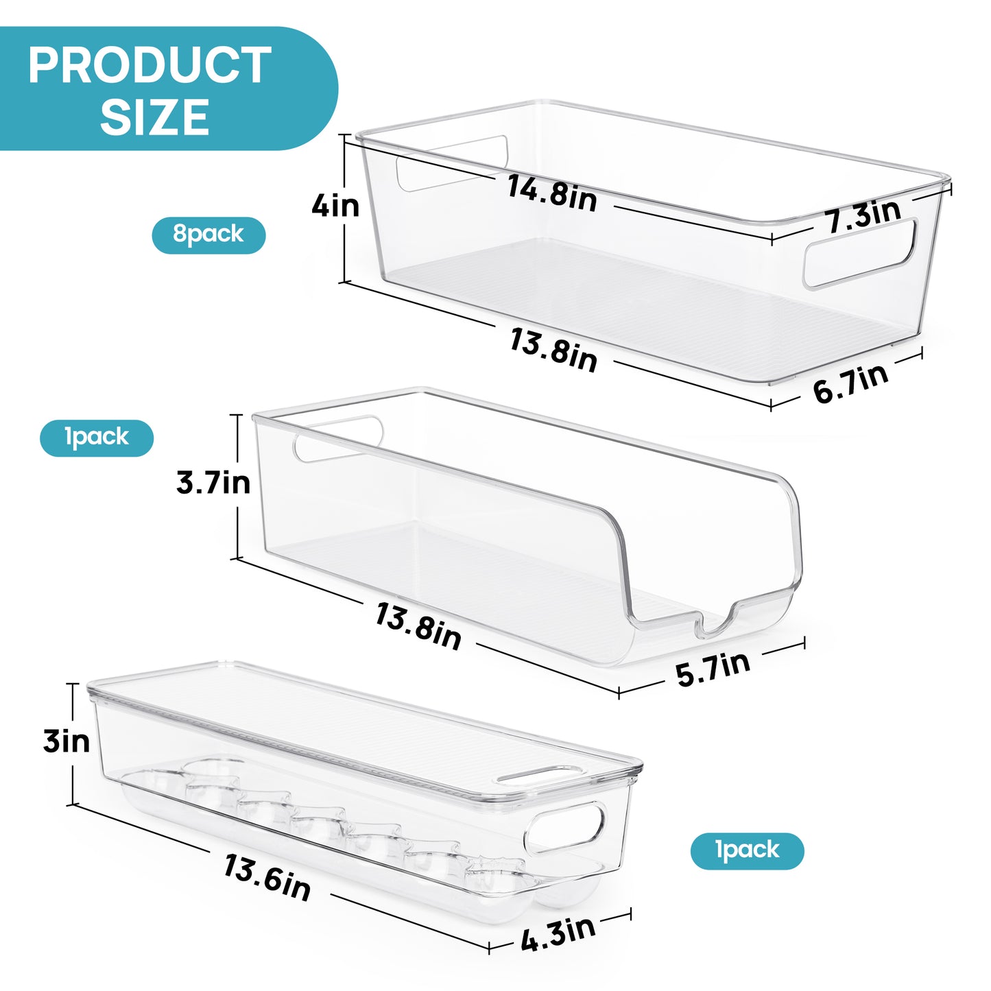Sindcom Set of 10 Fridge Organizer, Refrigerator Organizing Bins with Handles, BPA-Free Clear Plastic Fridge Storage Containers